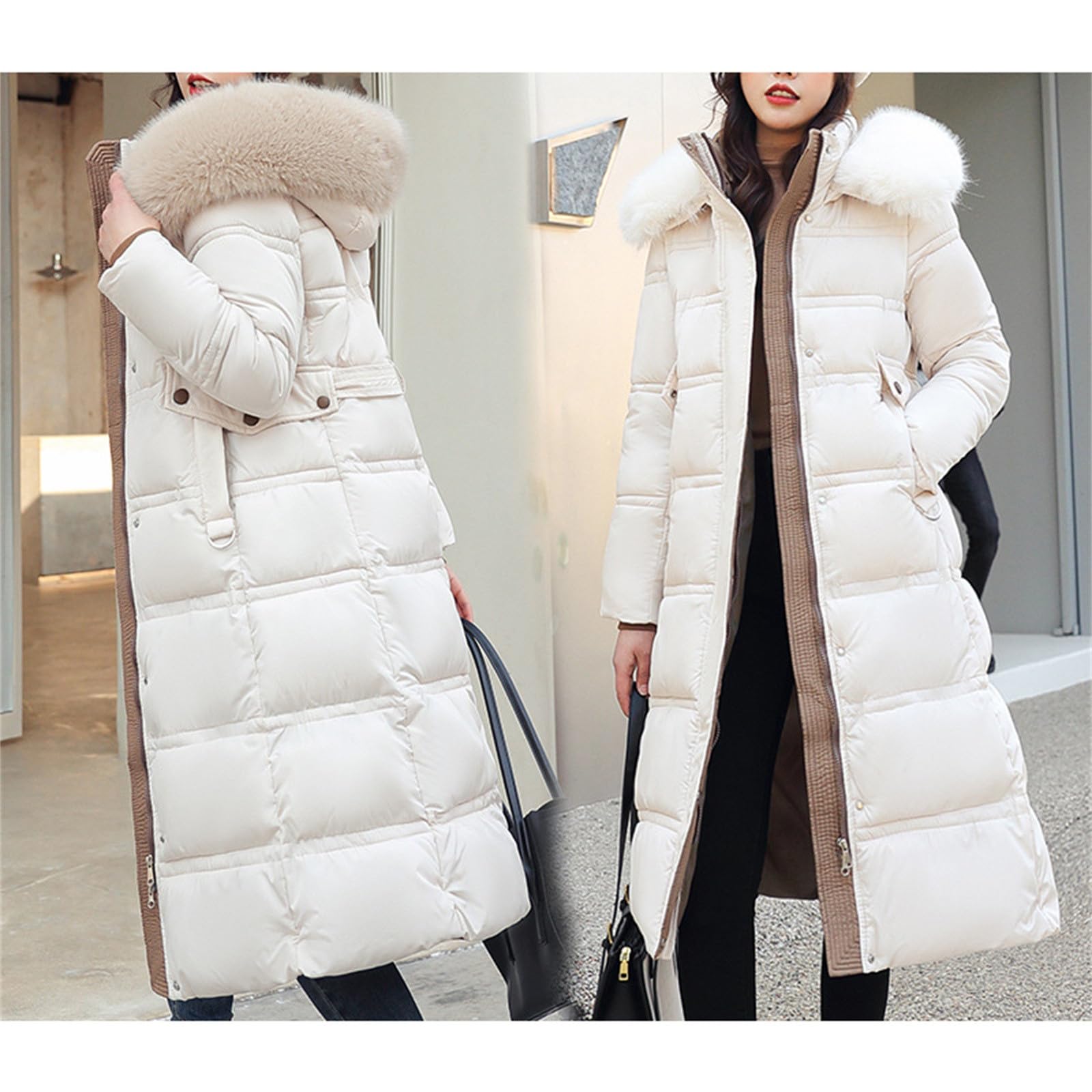 Generisch Langer Winter-Puffermantel für Damen, warm, Maxi-Daunenjacke, künstliche abnehmbare Kapuze, Parka, Winter, Dicker Puffermantel, warme Tragejacke Softshell