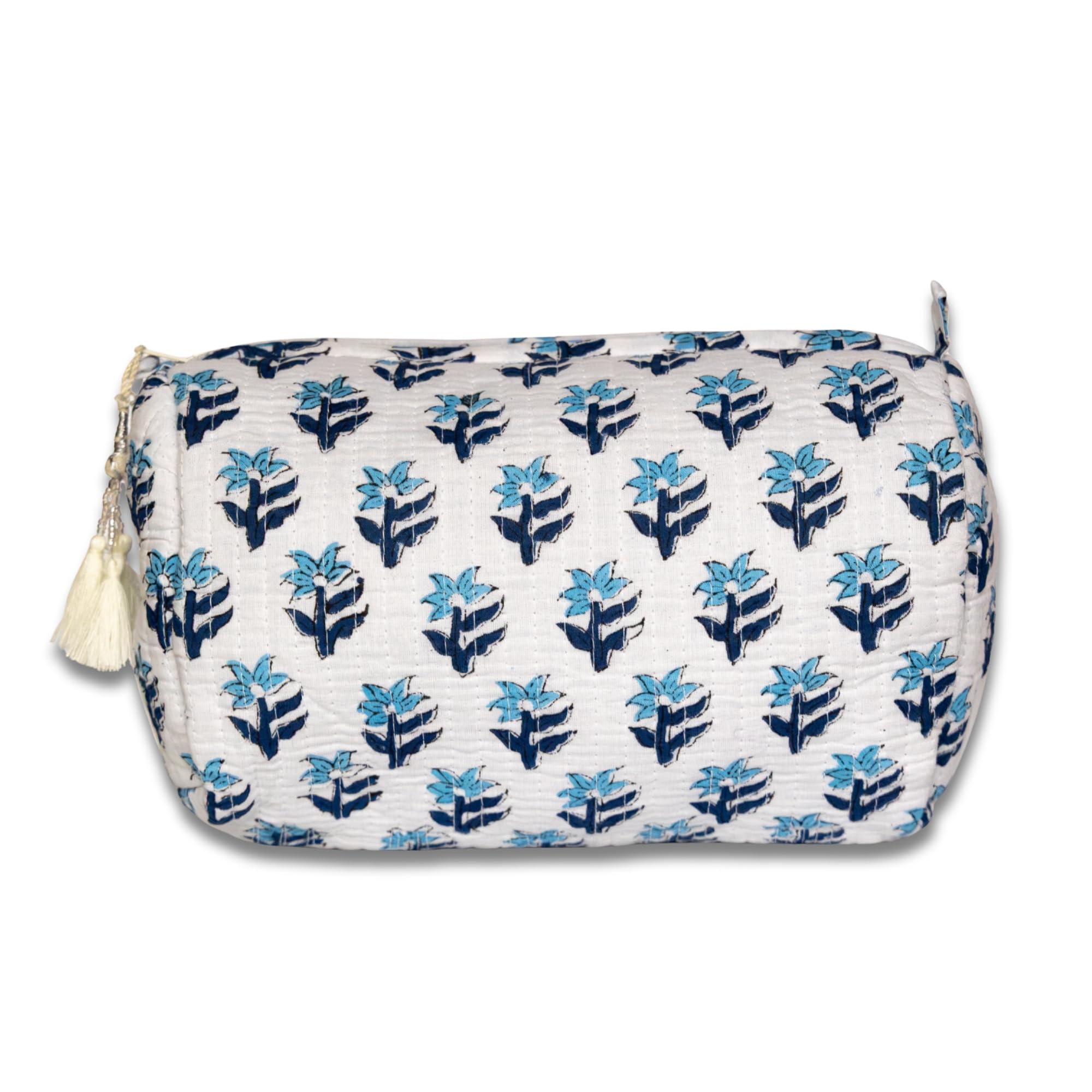 Neceser Print de Viaje Organizador, Bolsa de Aseo, Bolso Maquillaje de algodón Acolchado para Mujeres, Hombres y recién Nacidos con Forrado Impermeable Interior (Blanco Floral, Mediano)
