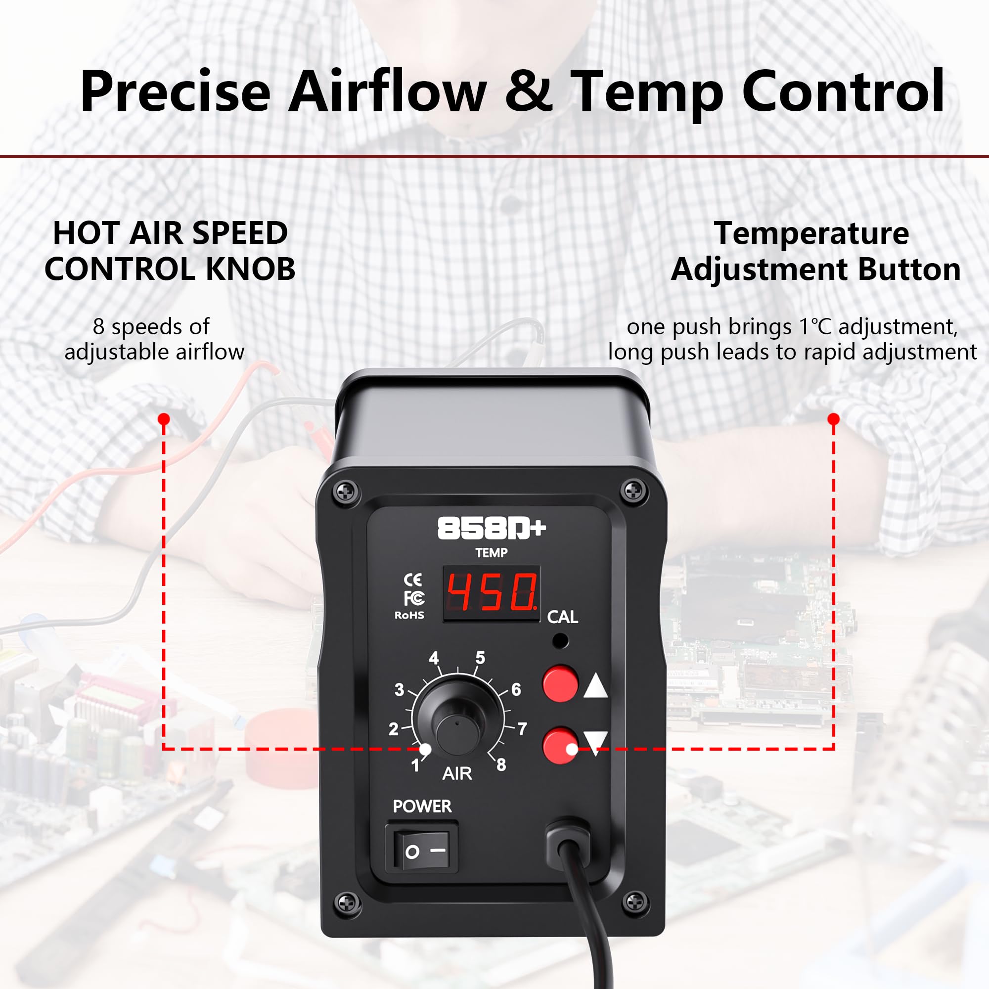 Stazione di Saldatura ad Aria Calda da 700 W, 858D Hot Air Rework Station con Display LED, 3 Ugelli, Temperatura Regolabile da 100 a 450 °C, Stazione Dissaldante SMD per Fai da Te, Ritocchi e Ripara