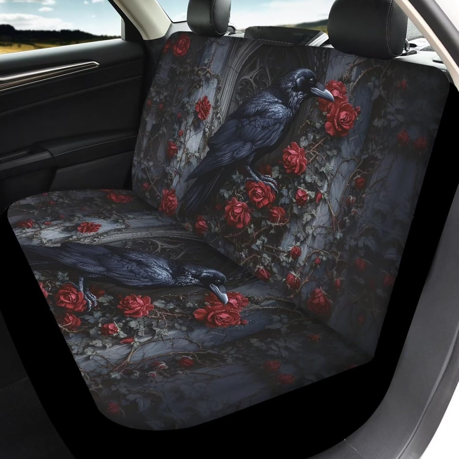 Raven Rose Print Car Seat Cover 4 Pieces Wear-Resistan Vehicle Seat Protectors Washable Split Bench Rear Seat Fits Most Auto SUVs Trucks Vans