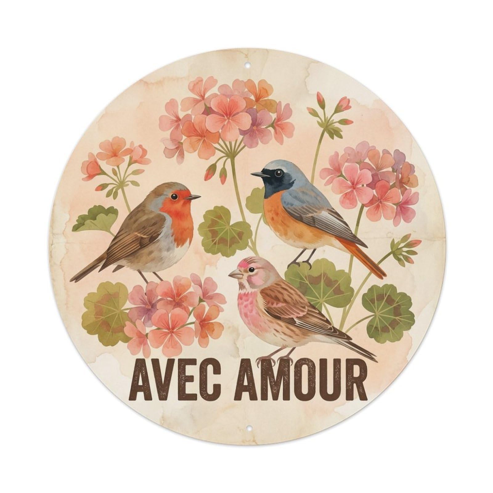 Geranium Avec Amour Soft Watercolor Bird Slogan Metal Tin Sign