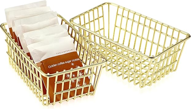 ELLDOO 2 Pack Sugar Packet Holder, Stackable Metal Sugar Basket for Restaurant, Tea Bag Organizer, Gold Small Condiments Packet Holder Sugar Caddy Dispenser for Countertop Coffee Bar