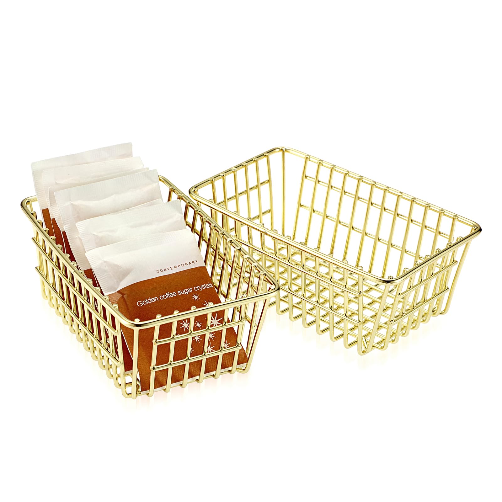 IGNPION Set of 2 Sugar Packet Caddy, Iron Wire Tea Bag Organiser Holder, Sweetener & Condiments Packet Bowl Small Table Storage Basket Container for Cafe, Bar, Restaurant, Hotel, Office, Golden