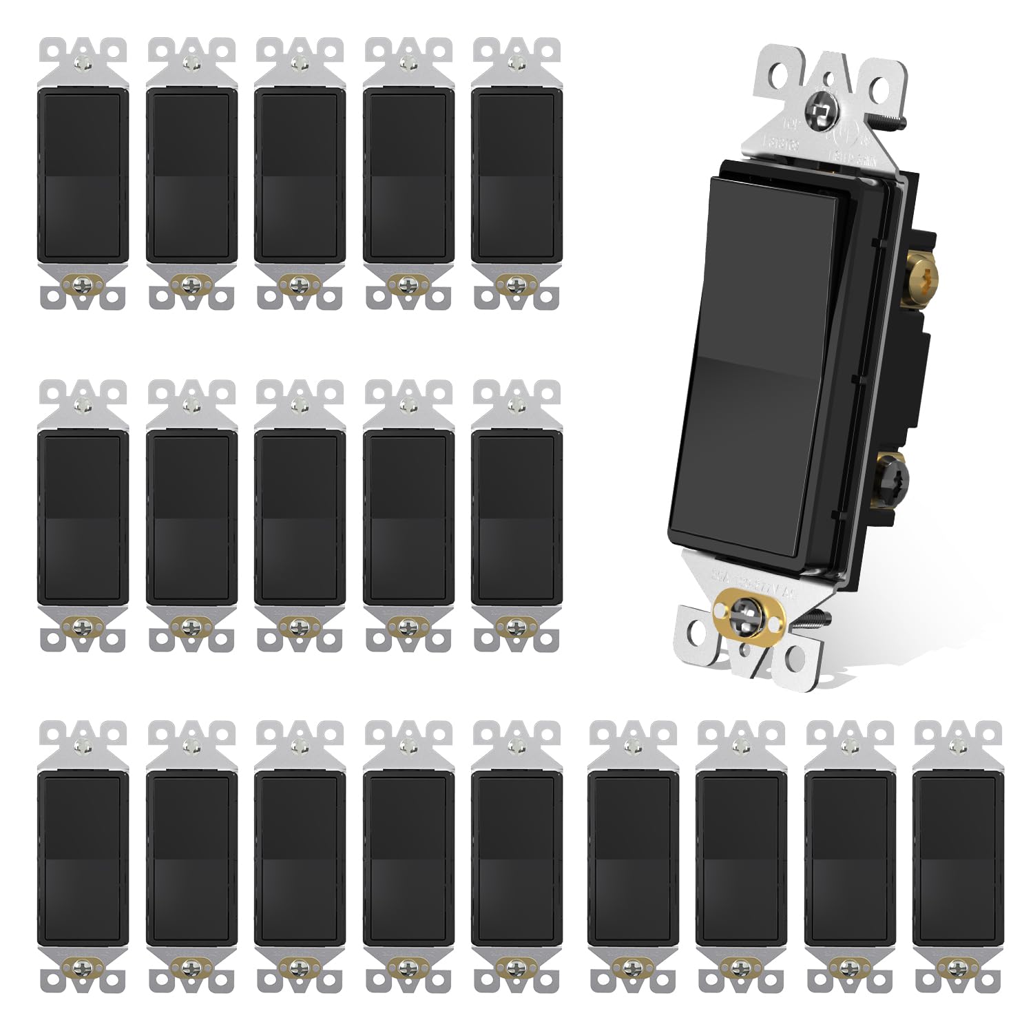 AIDA 3 Way Decorative Light Switch, Electric Switches,15Amp, 120/277 Volt, 3 Way Rocker Switch, Wall Switch Replacement, Self-Grounding, Residential/Commercial Grade, UL Listed 20 Pack, Glossy Black