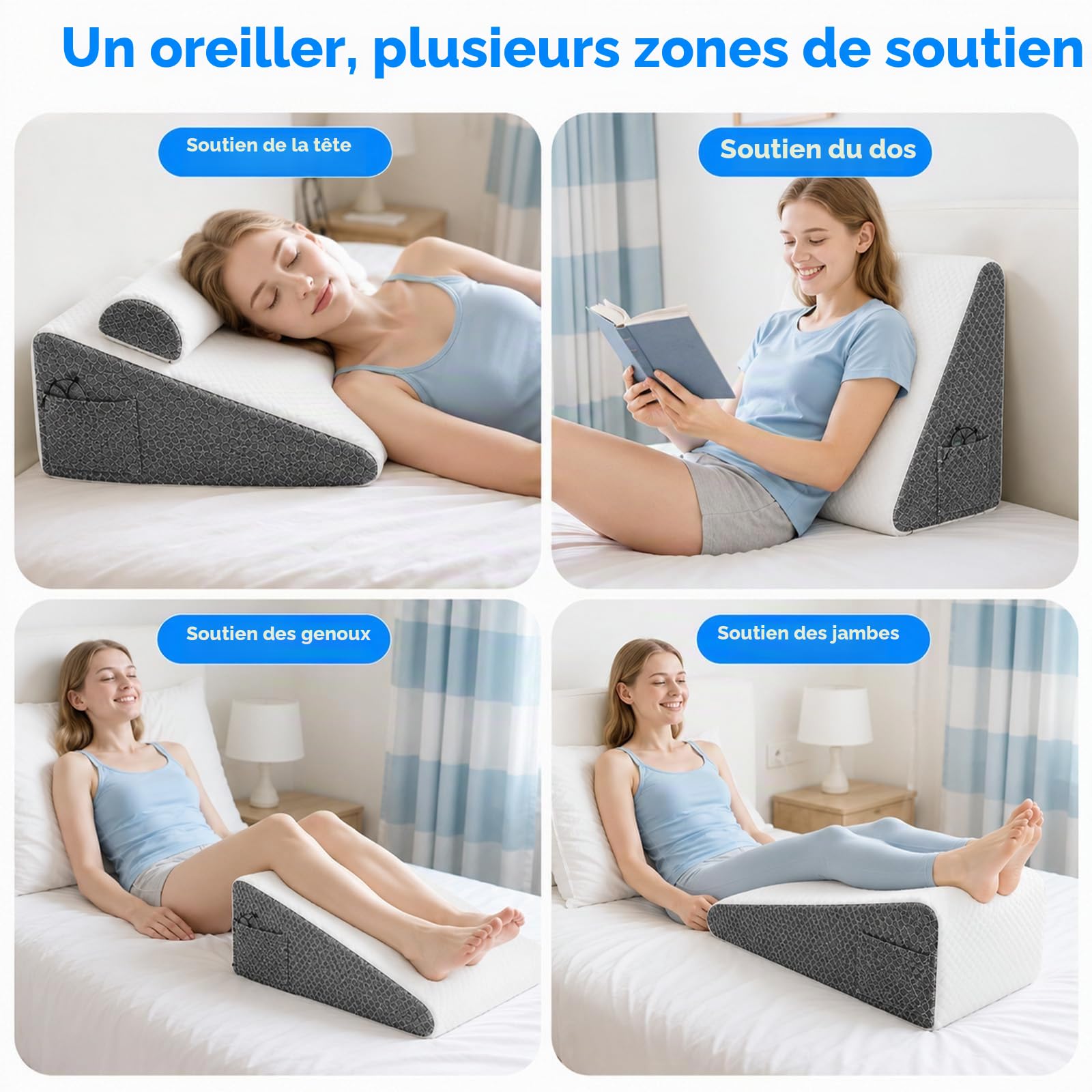 Oreiller de lit en Forme de Coin en Mousse à mémoire de Forme | Coussin triangulaire d'inclinaison avec housse lavable - Coussin de soutien pour les jambes pour le cou, le dos, le sommeil