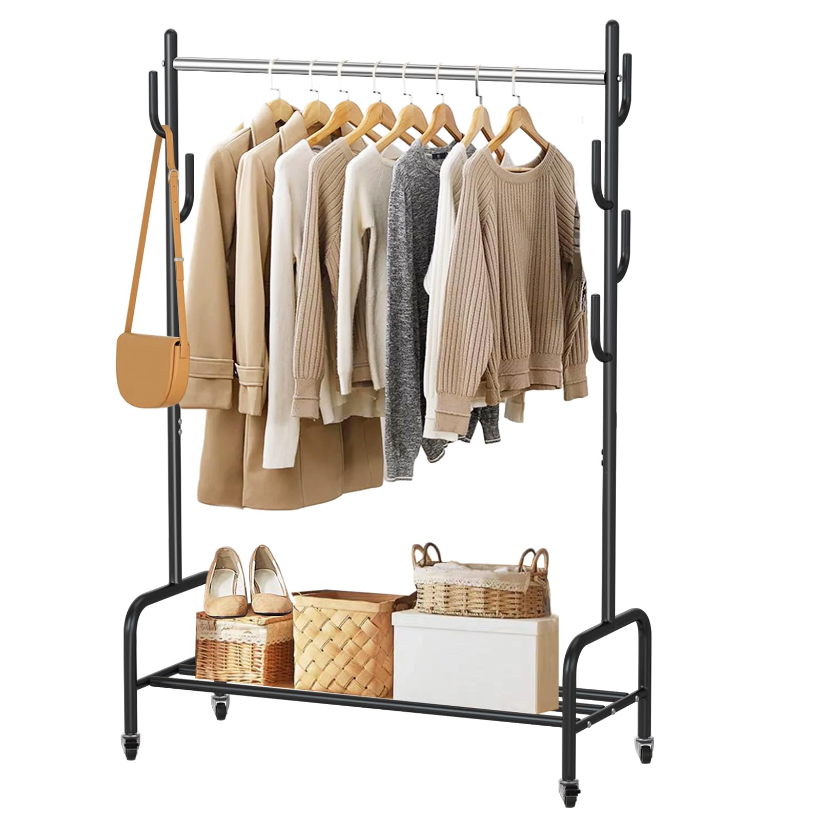 VICERII Clothes Rack, Heavy Duty Clothing Rack with Wheels and Bottom Shelf, 3-in-1 Metal Rolling Garment Rack for Hanging Clothes, Coats, Shirts, Sweaters, Skirts, Black