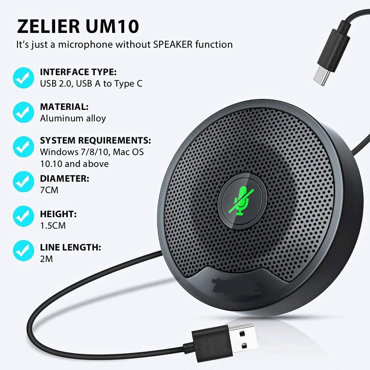 Microfono per Conferenze, Microfono da Tavolo USB Portatile Plug And Play con Silenziamento, Microfono Stereo per Pc Omnidirezionale A 360° per Videoconferenze, Giochi