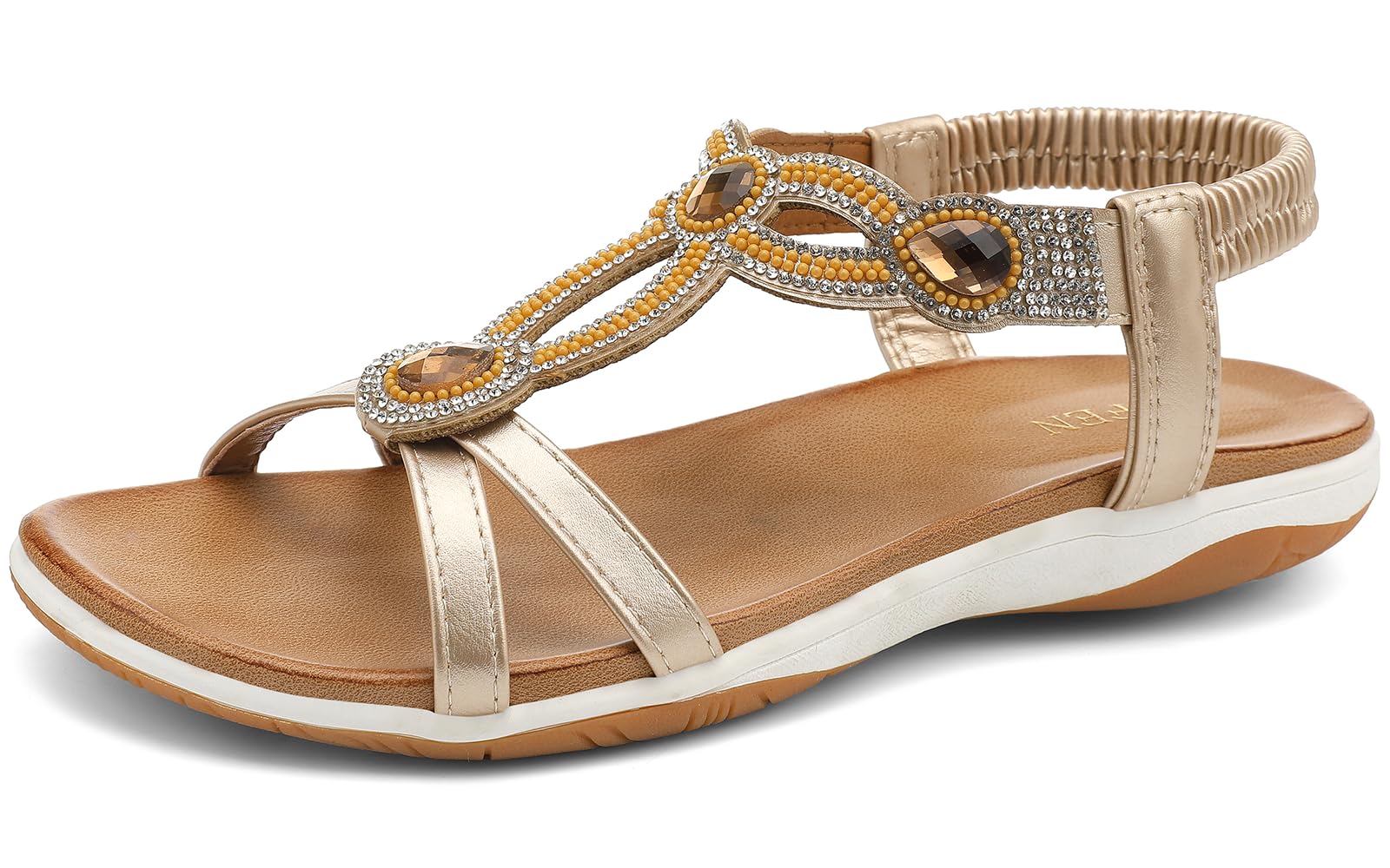 UBFEN Flat Sandals For Women Dressy Walking Comfortable Sandal With Rhinestone Braid Elastic Strap Summer Vacation