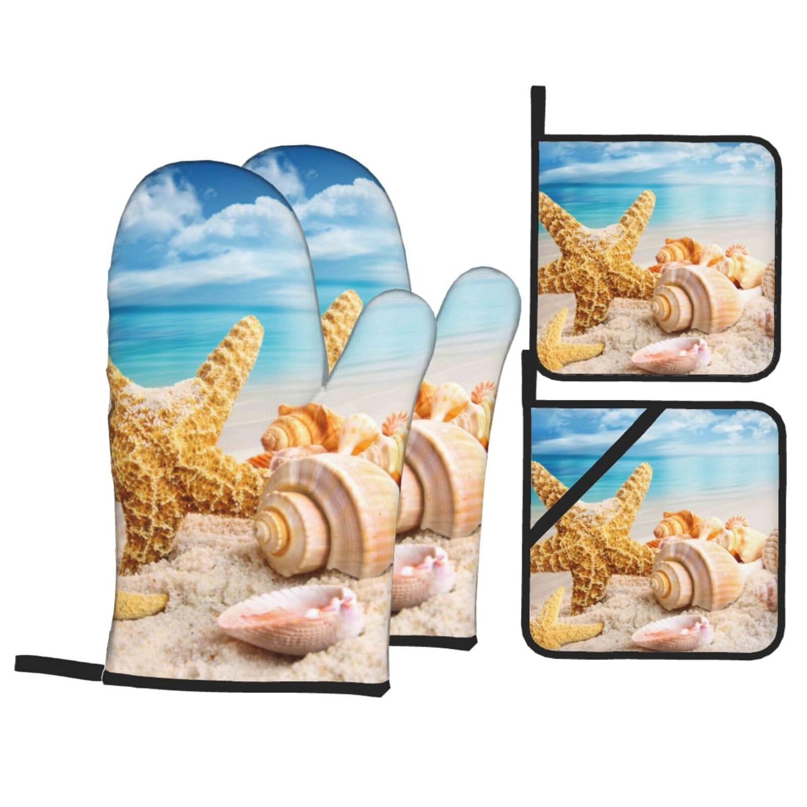 Starfish Seashell Ocean Beach Print Stylish Heat-Resistant Oven 4-Piece Set Kitchen Gloves Roasting Daily Cooking