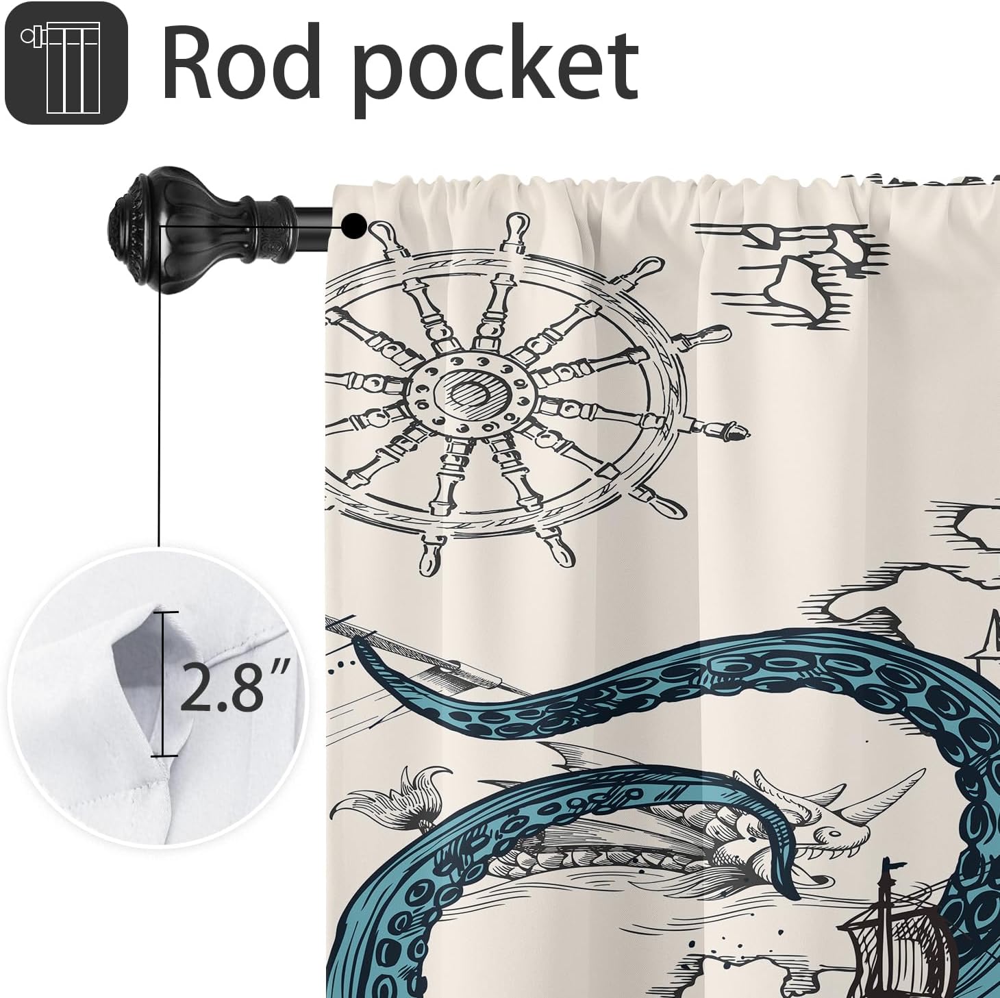 Coxila Octopus Nautical Kitchen Curtains, 27.5 x 39 Inch, Beige Teal Kraken image 3