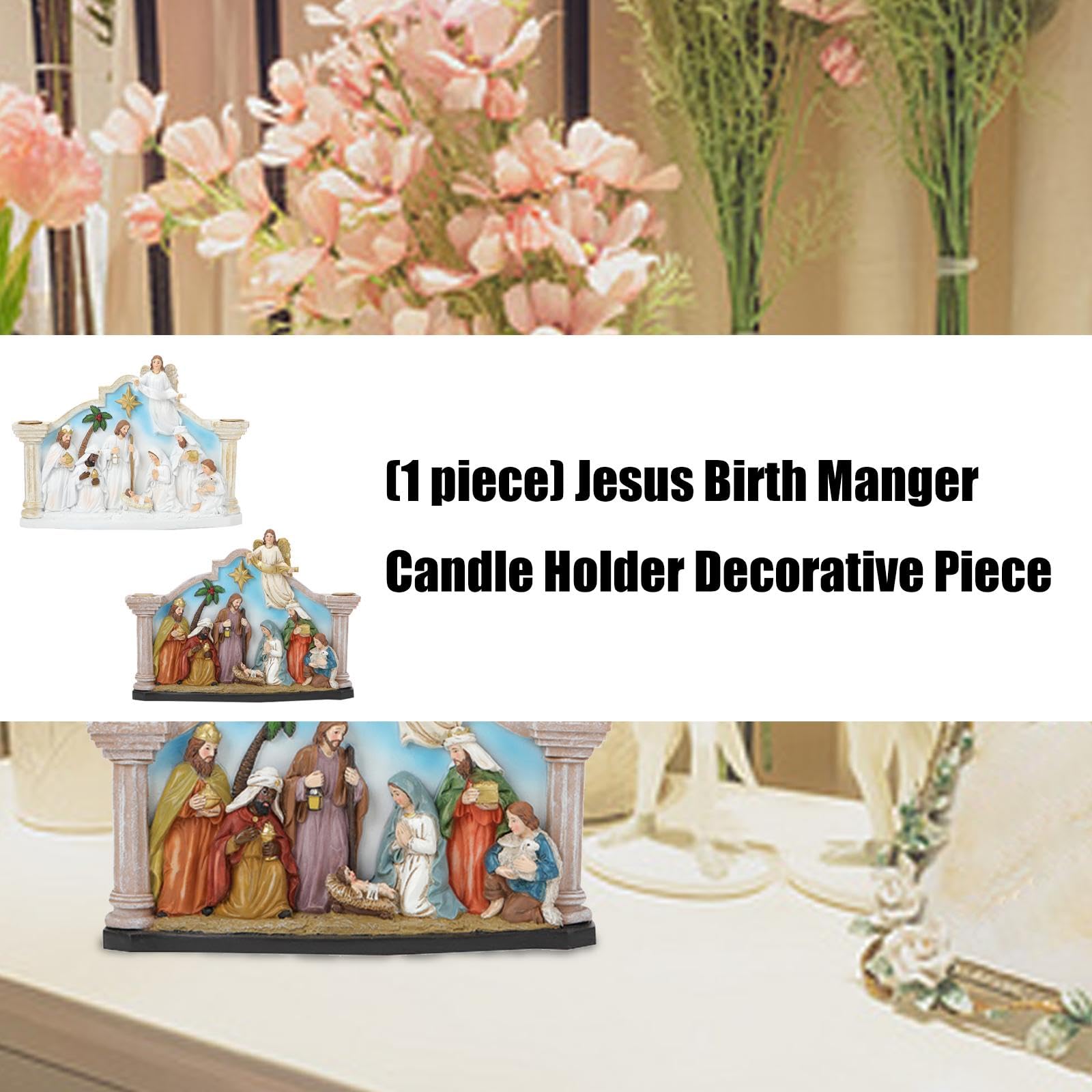 Soporte para belén con figuras de la Sagrada Familia Resina Decoraciones de Adviento de Navidad para vacaciones Regalos de mesa Santa Familia Cuna con Candelabro