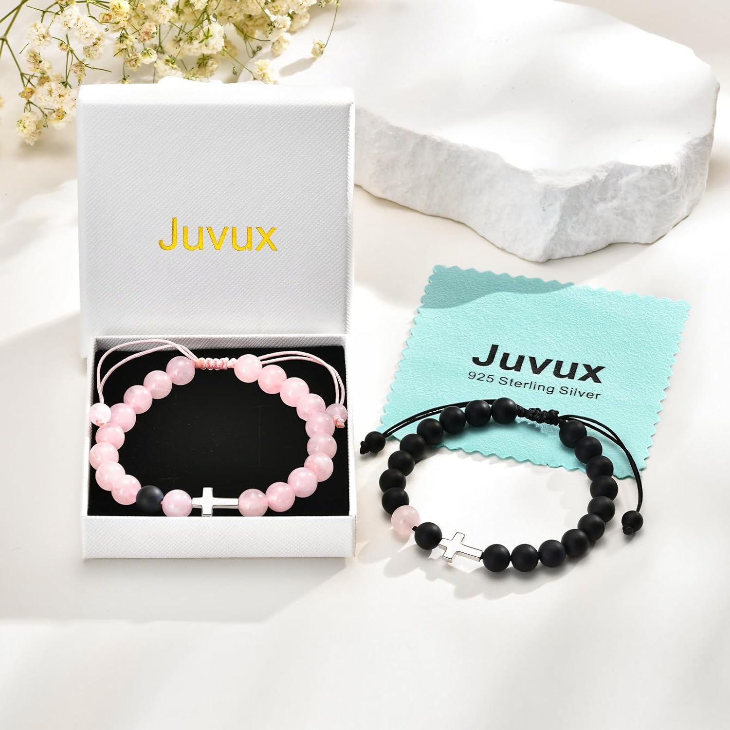 Couple Bracelet Cross Jewelry Gifts - S925 Sterling Silver 2Pcs Rose Quartz Black Agate Matching Unique Bead Adjustable Rope Romantic for Boyfriend Girlfriend Christmas Valentine Anniversary Birthday