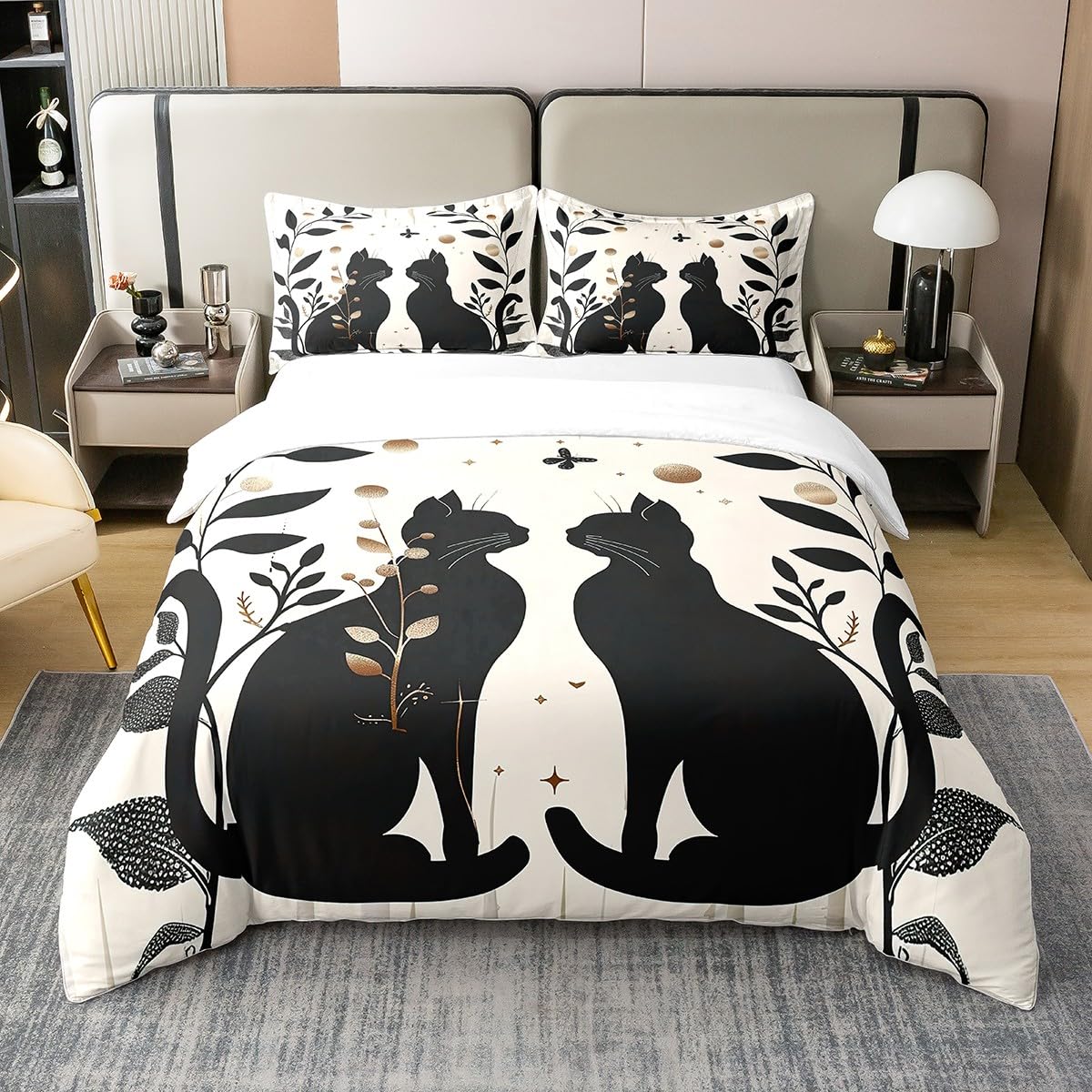Housse de couette chat 240x260cm en coton blanc et noir avec motifs de chatons mignons