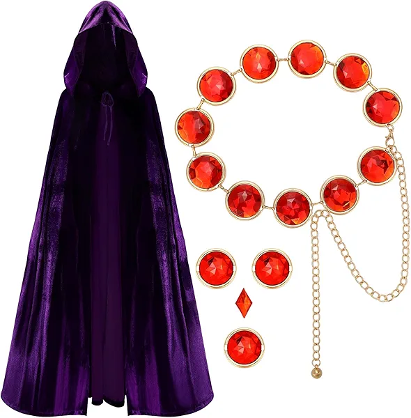 Womens Halloween Cosplay Costume, Purple Hooded Cape with Red Gemstone Waist Belt, Costumes Props Set for Anime Figures