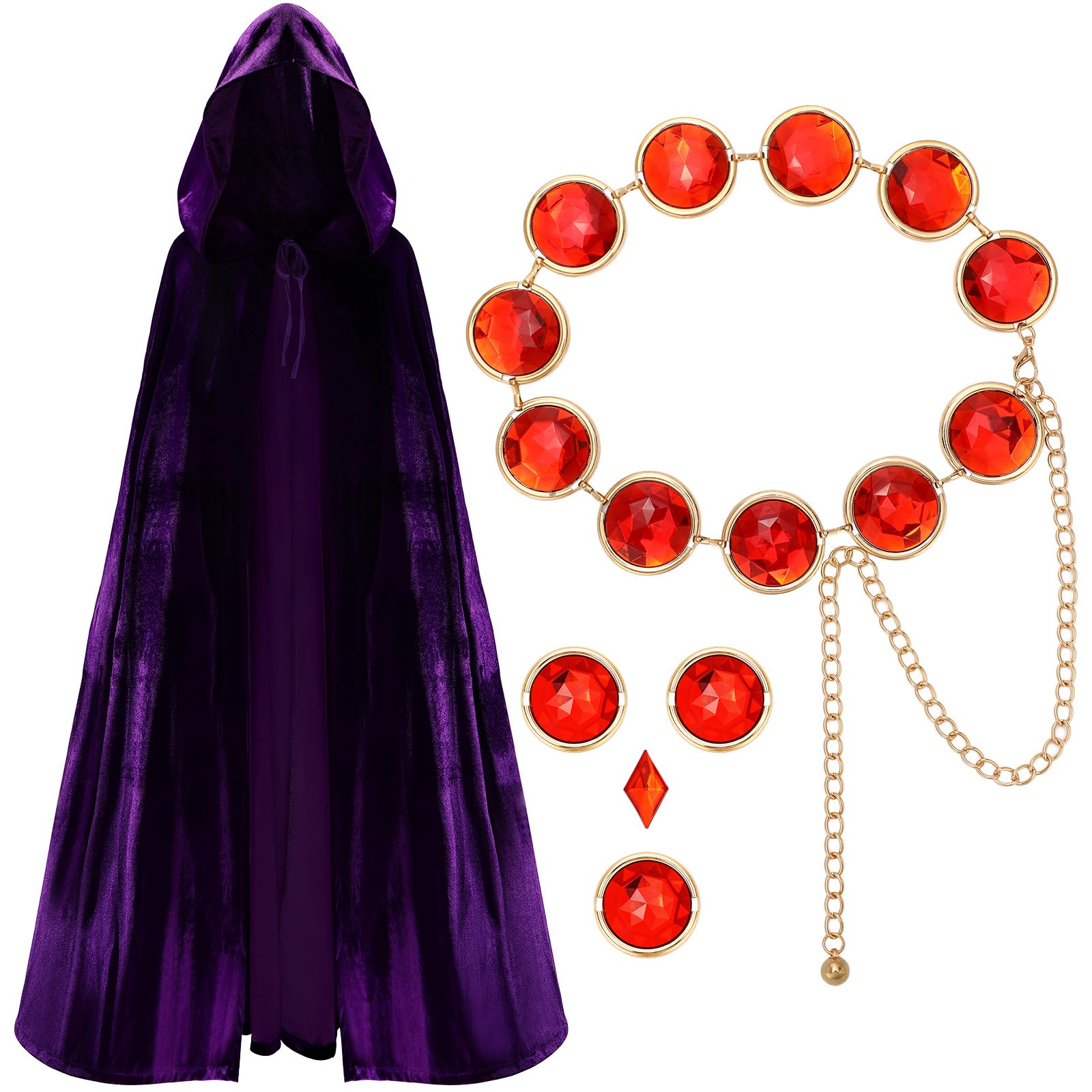 Womens Halloween Cosplay Costume, Purple Hooded Cape with Red Gemstone Waist Belt, Costum…
