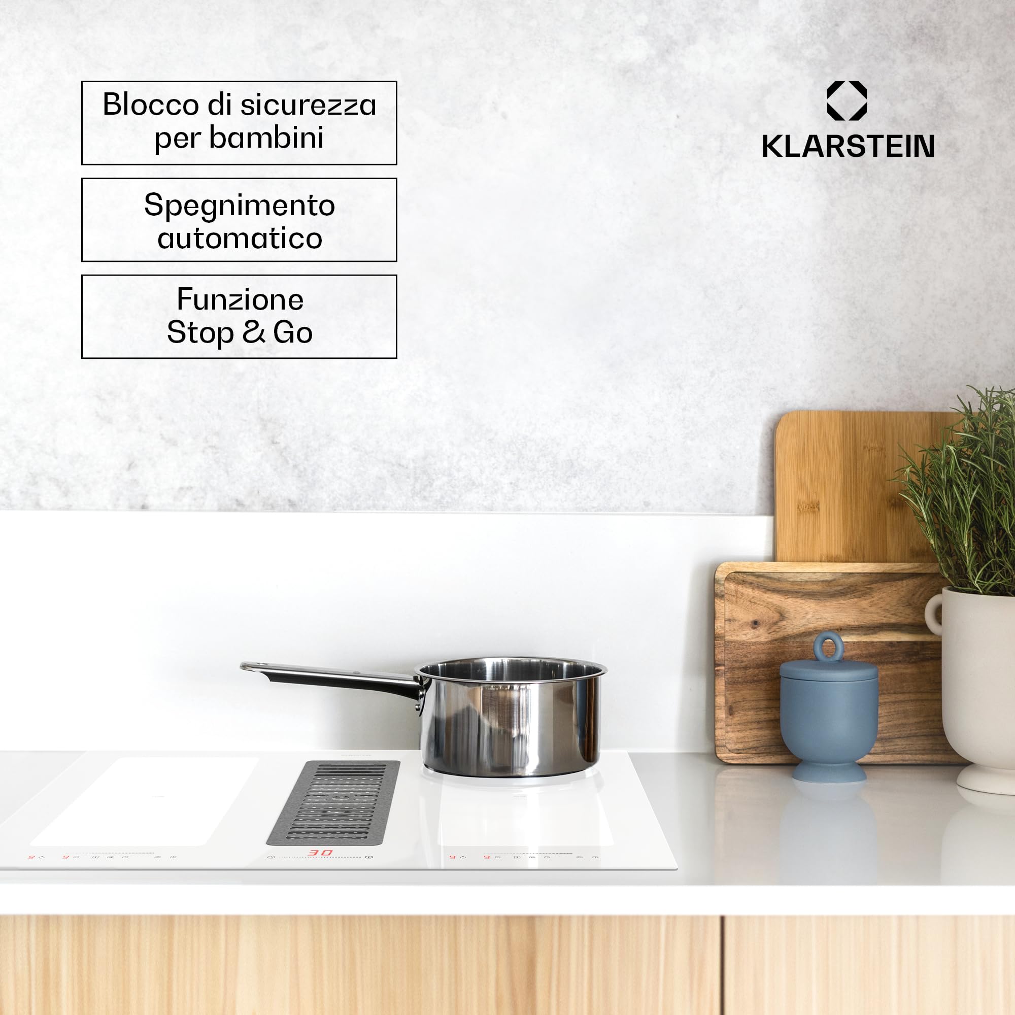 Klarstein - Piano cottura con cappa integrata, piano cottura 2 in 1 con cappa integrata per cucina a isola, flusso d'aria di 391 m³/ora, Touch Control, classe energetica A+