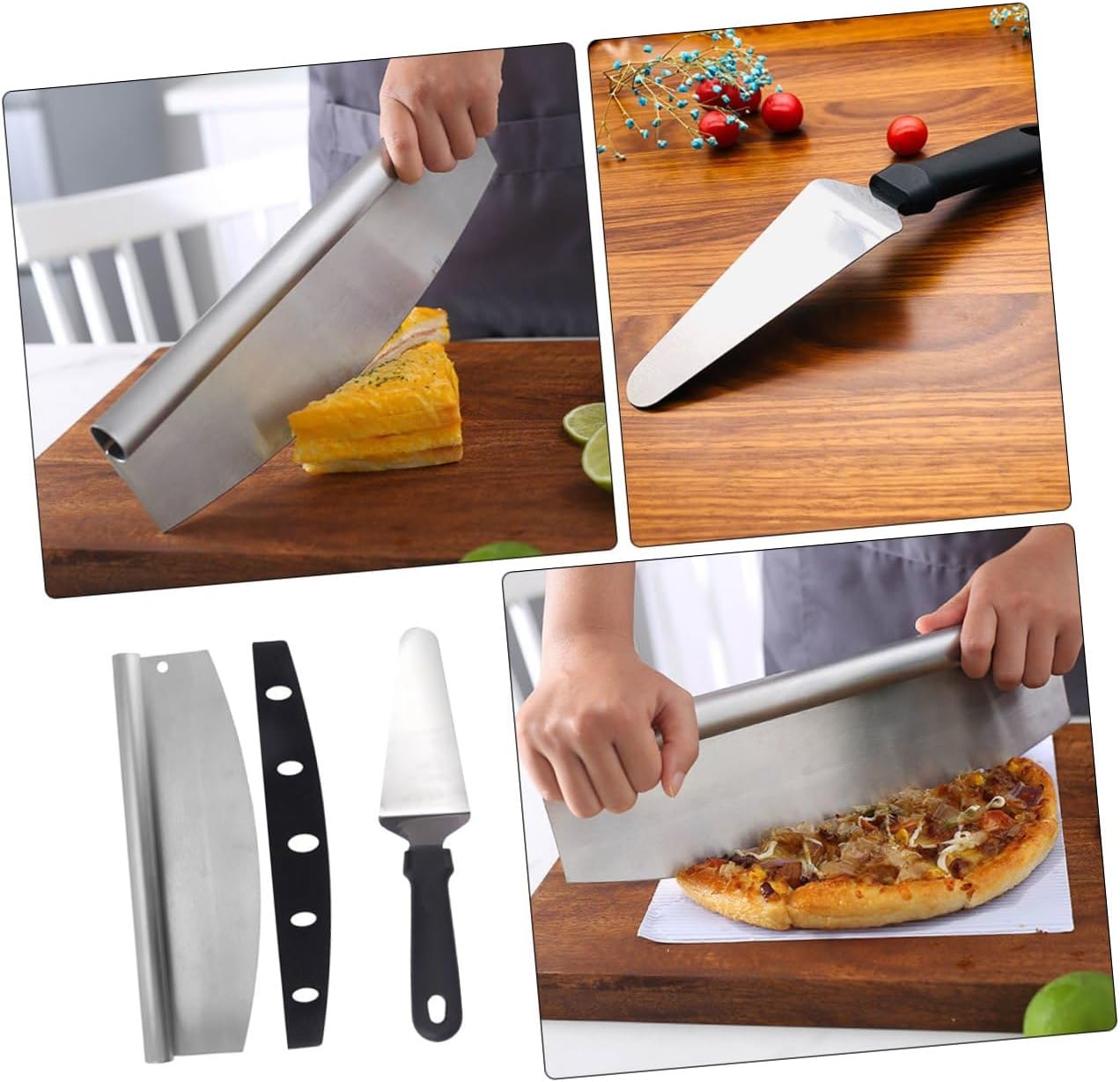 Multi-functional Stainless Steel Pizza Cutter Wheel with Pp Cover and Triangle Spatula, Portable Pizza Cutting and Transferring Tool Set for Home Baking and Kitchen Use