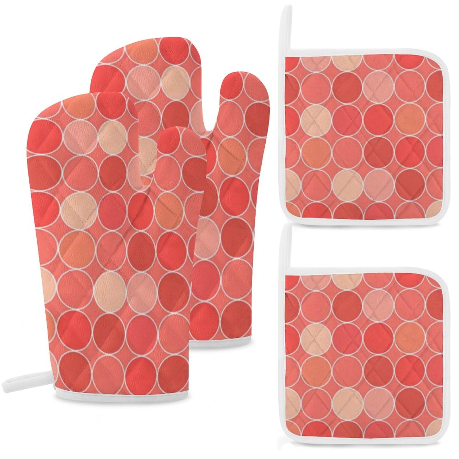 4Pcs Oven Mitts and Pot Holders, Coral Circles Pattern Heat Resistant Oven Mitts Gloves Set Kitchen Hot Pads for Cooking Grill