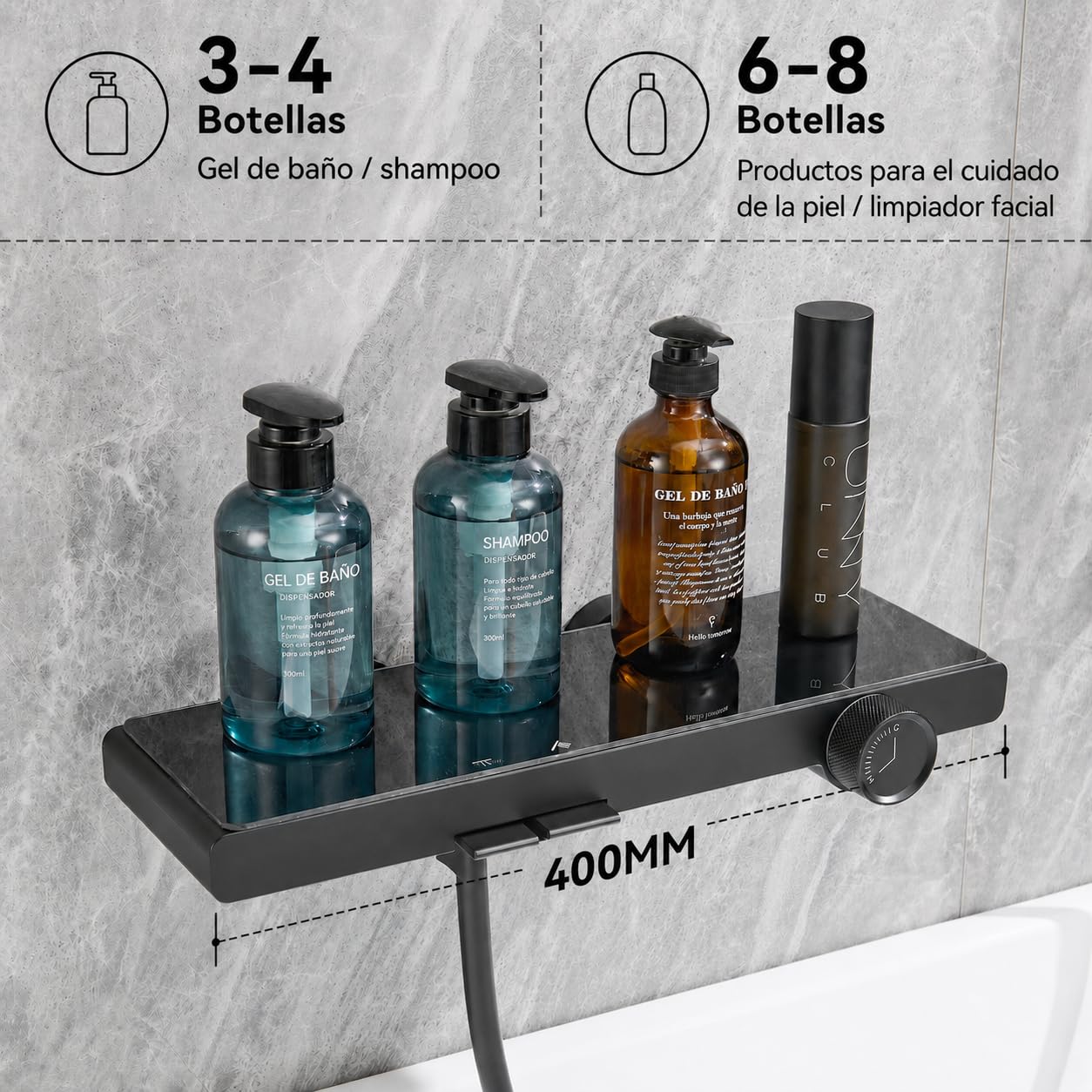 Auralum Grifo Bañera con Ducha y Caño, Diseño Piano con Estante Amplio para Baño, Columna Ducha Ajustable con Alcachofa Ducha 6 Funciones, Barra Ducha Regulable, Flexo PVC 1,5 m Antitorsión, Negro