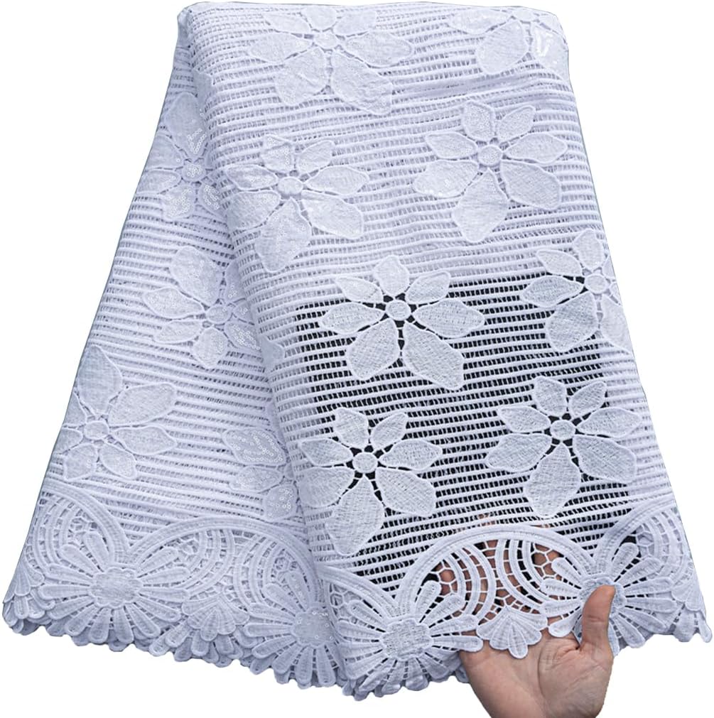 African Lace Fabric 5 Yards, French Jacquard Embroidery Water Soluble Solid White Lace Fabric for Party Wedding Dress