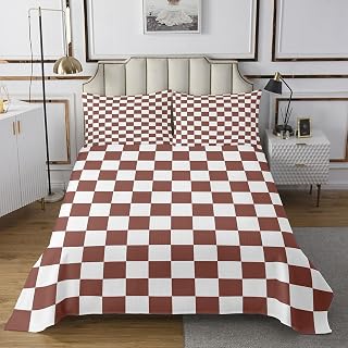 Juego de colcha femenina de arte abstracto de geometría tamaño King, estilo moderno y simple, a cuadros, acolchado, 3 piezas con 2 fundas de almohada, edredón de rejilla marrón y blanco para