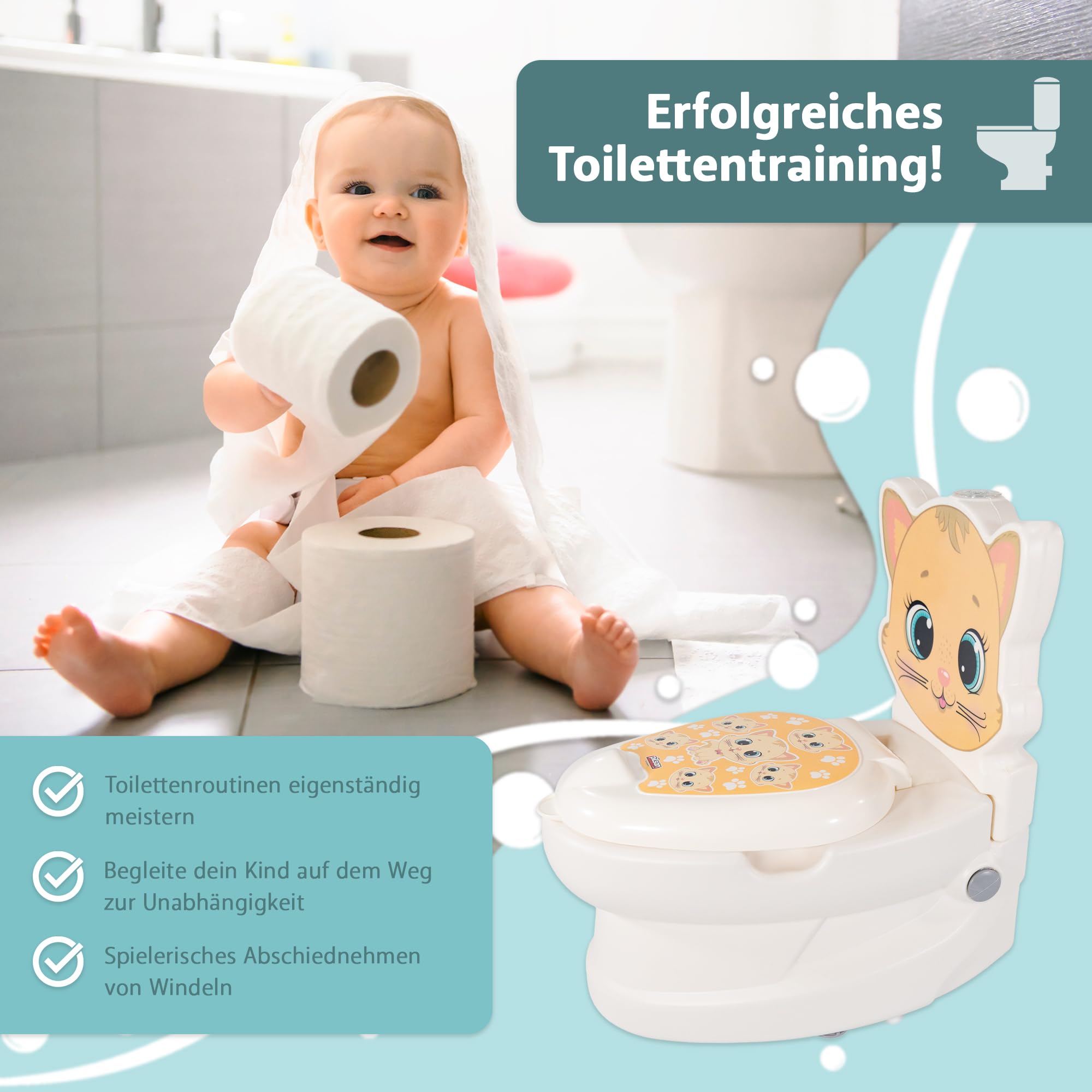 Lemodo Kindertöpfchen Töpfchen Kinder ab 18 Monate Kindertoilette Babytopf mit Spülgeräusch herausnehmbarer Innenbehälter rutschhemmender Boden Toilettenpapierhalter Töpfchentraining (Katze)