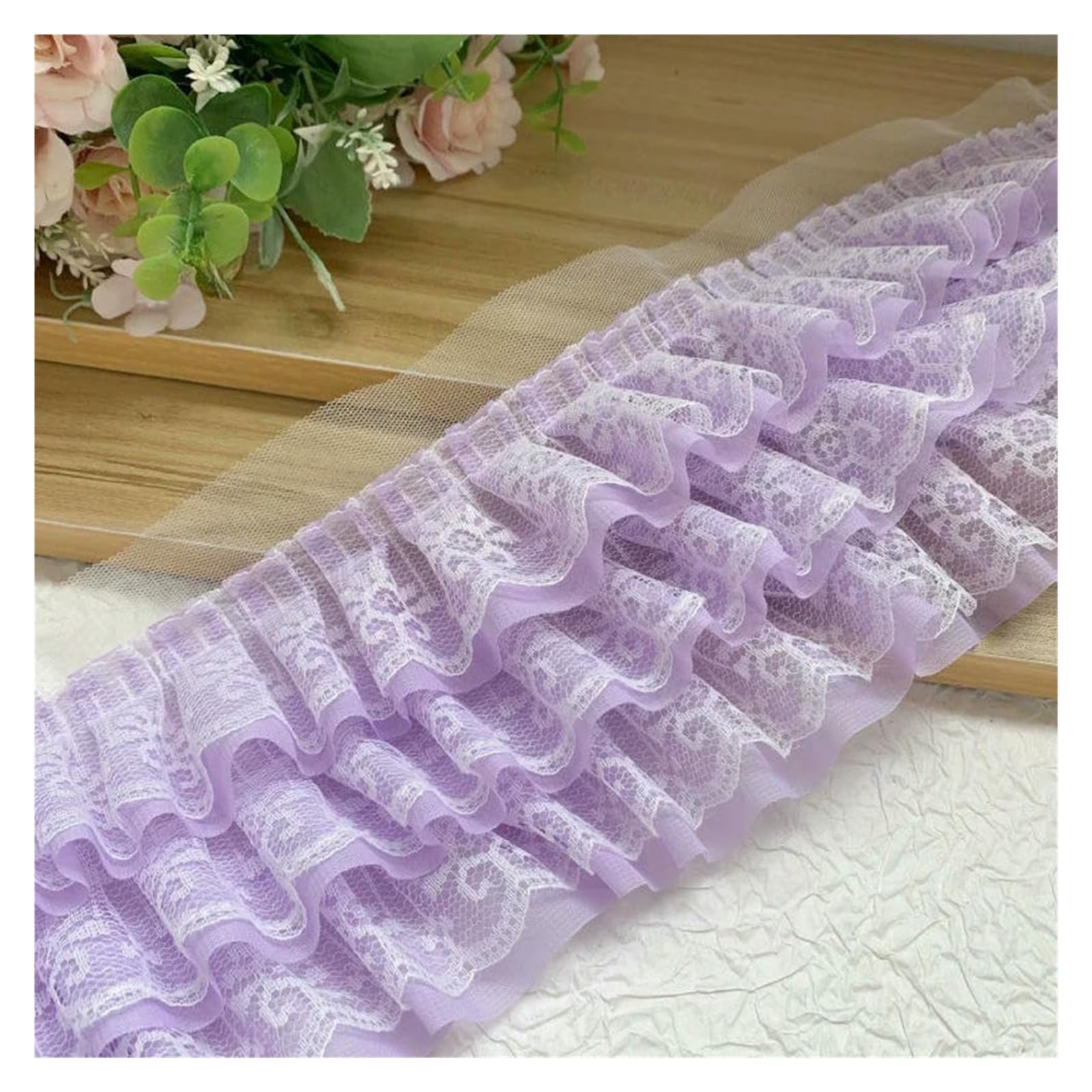 Spitzenborte zum Nähen, gerüschter plissierter Spitzenborte, 9,1 m, dreilagiger Chiffon-Rüschenborte, DIY-Dekoration (gebrochenes Weiß, 4,8 m)