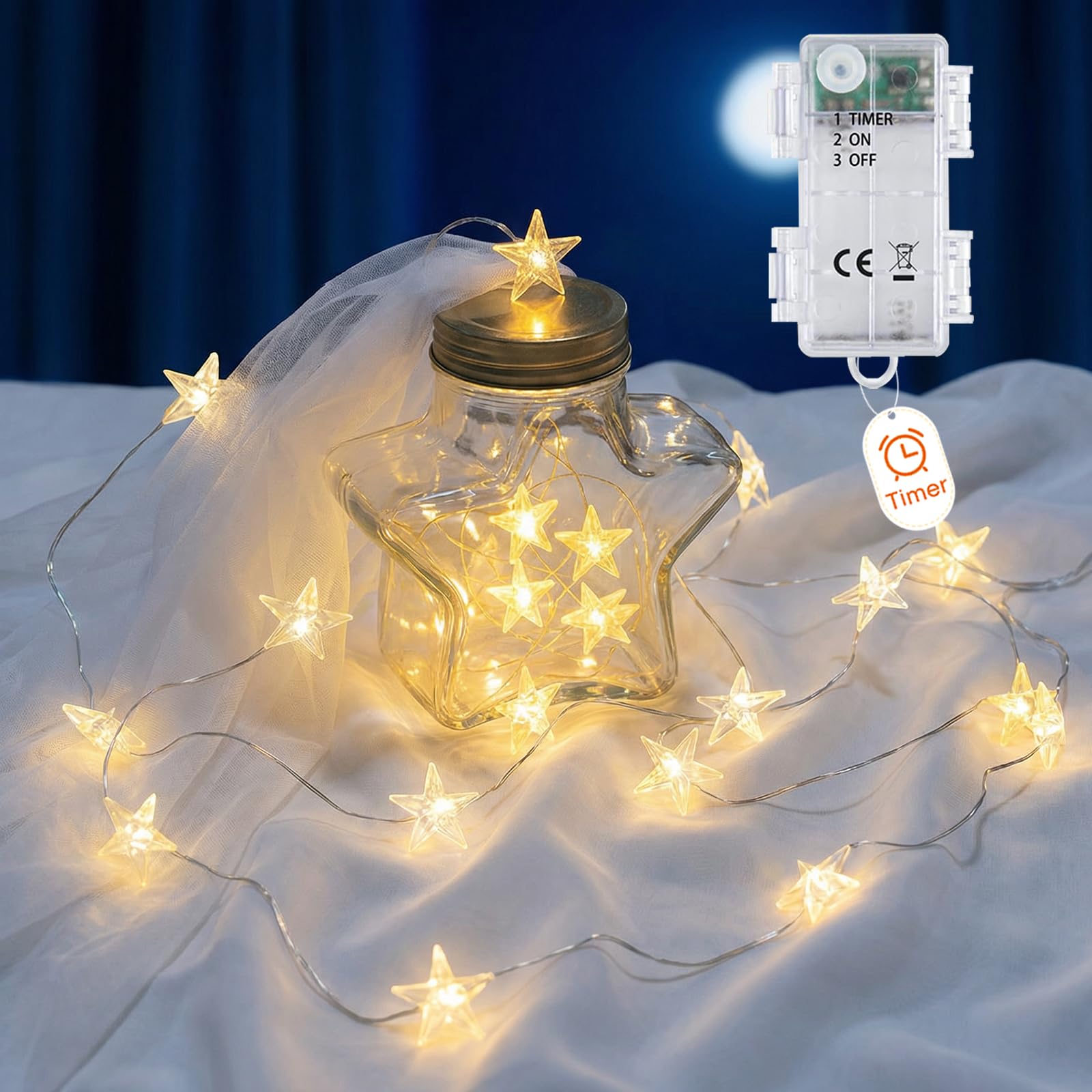 Afaiup Batterie Stern Lichterkette, 2 m Mikro 20 LEDs, IP65-Timer, lichterkette sterne für Kinderzimmer,Weihnachten Deko, Geburtstag, Valentinstag, Party, Schlafzimmer, drinnen und draußen