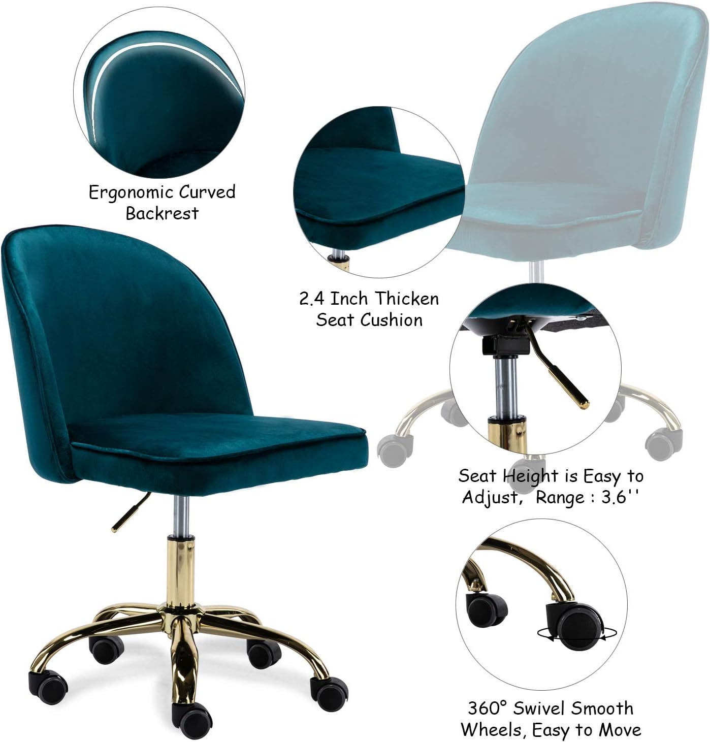 Buy Cimota Armless Home Office Chair Upholstered Velvet Swivel Task Chair Adjustable Vanity Chair With Wheels Modern Desk Chair For Study Dark Teal Online In Indonesia B08fxgyd6c