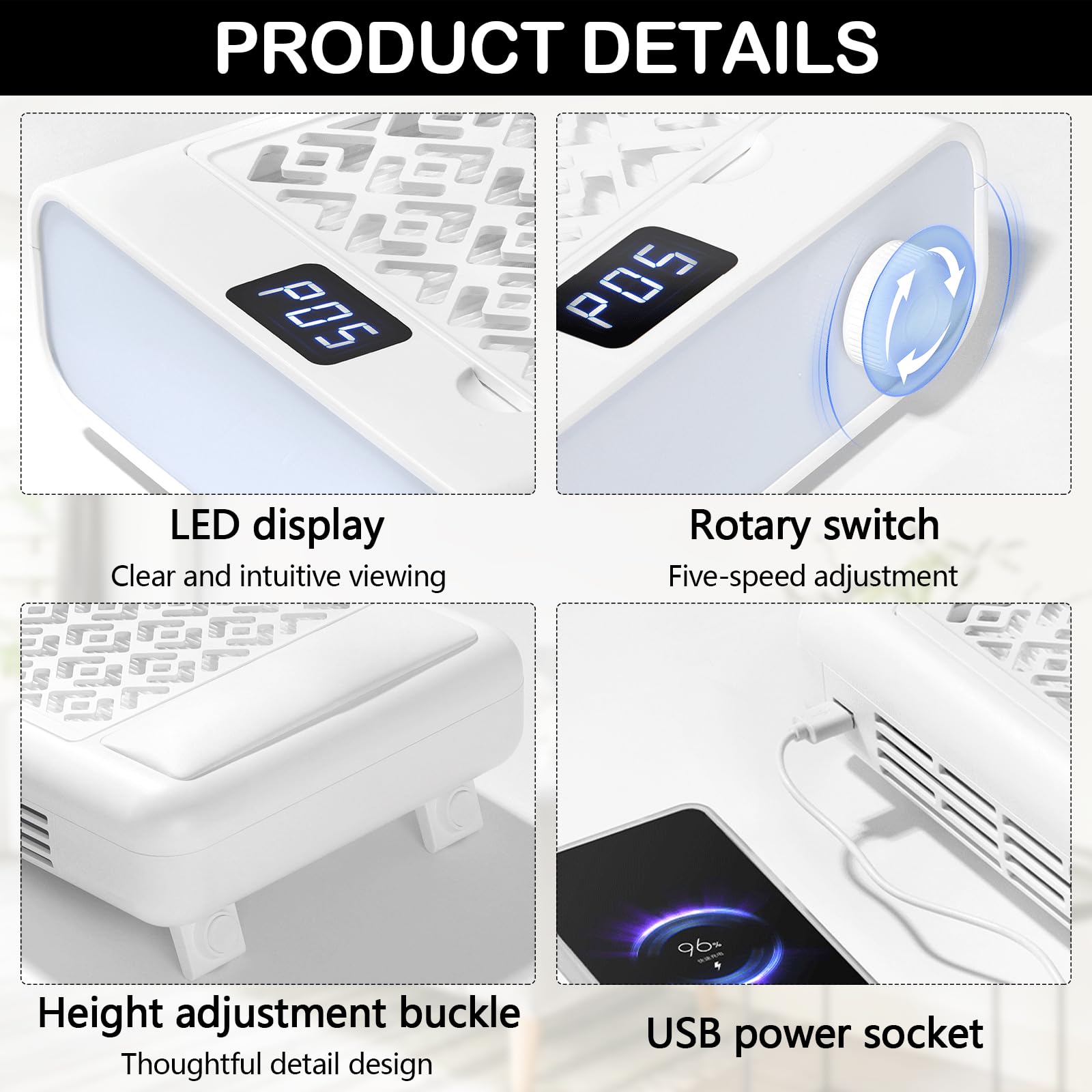 Aspirador Uñas, Aspiradora de Uñas de 3600 RPM con 2 Filtro 10 Filtros de Algodón y 1 Cepillo Colector de Polvo Blanco con Ajuste de Cinco Niveles y Pantalla LED para Salón de Uñas y Hogar