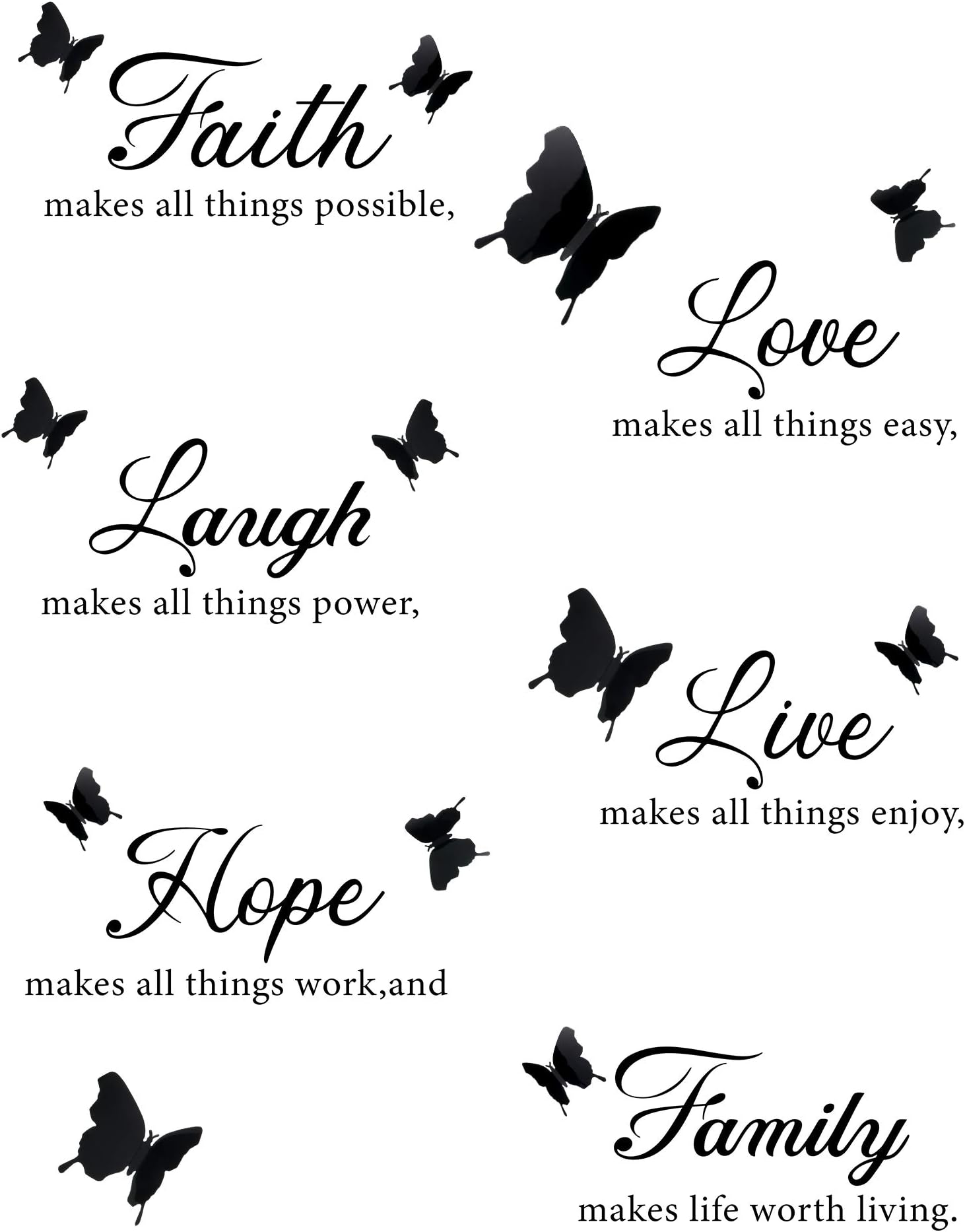 6 Pieces Faith Hope Love Laugh Family Live Wall Decal Sticker Motivational Wall Decal Sticker with 12 Pieces 3D Butterfly Decal Inspirational Quotes Sticker Set for Home Office Decor (Black)