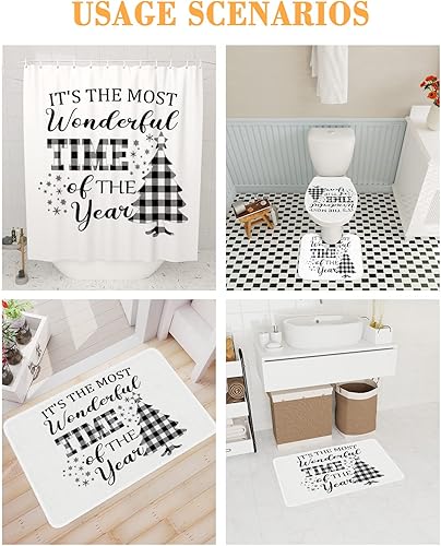 Miniatura 4 de Juego de 4 cortinas de ducha con alfombras antideslizantes, cubierta para tapa de inodoro, tapete de baño, búfalo blanco y negro, a cuadros, árbol