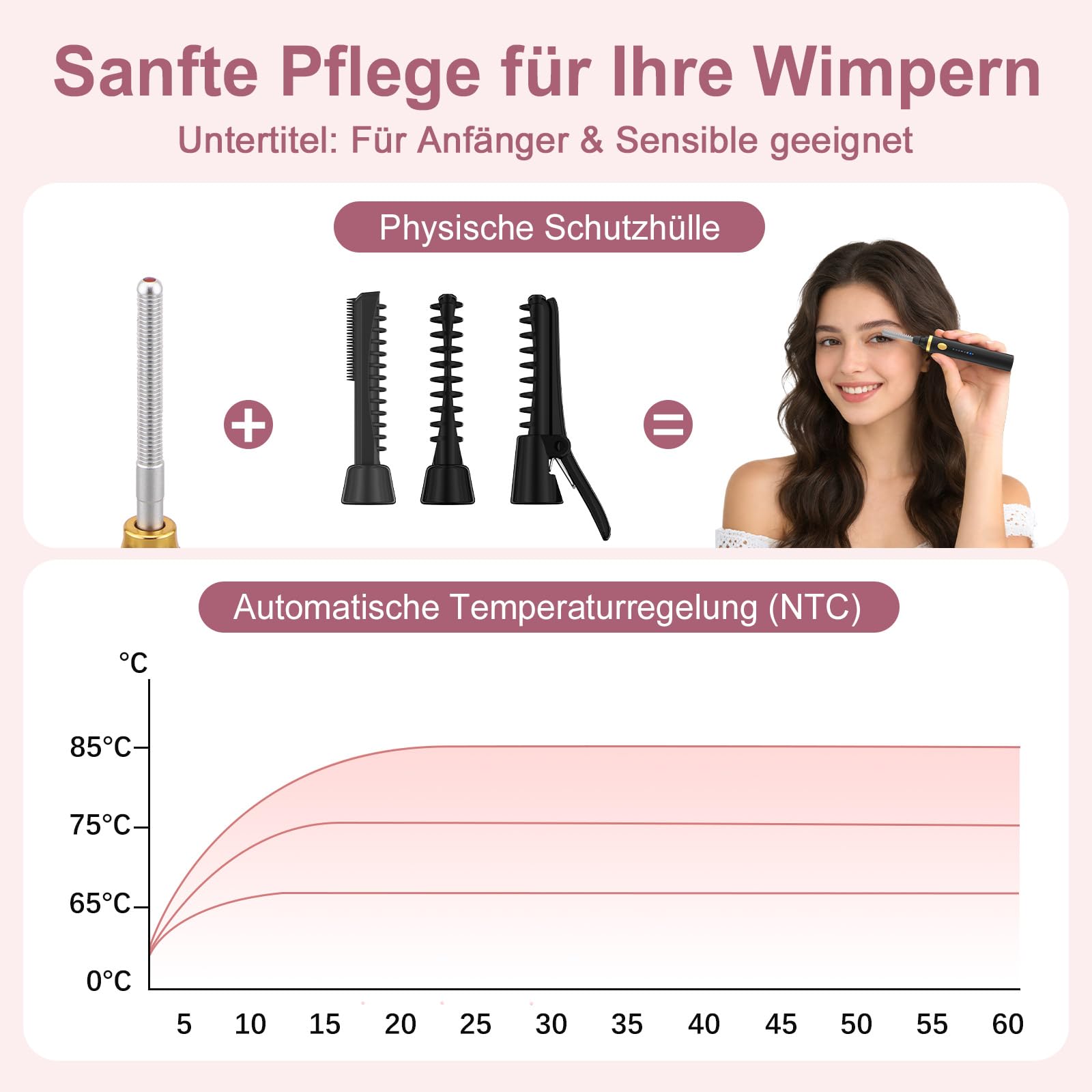 3 in 1 Beheizbar Wimpernzange Elektrisch, Wimpern Curler, VerbrüHungsschutz, 10S Schnelles Aufheizen, 3 Temperaturen, USB C Aufladbar Tragbar Heated Eyelash Curler für Alle Wimpern (Schwarz)