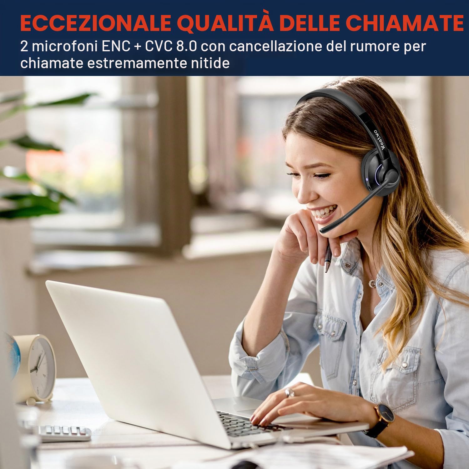 Cuffie Wireless con Doppio Microfono CVC8.0 Cancellazione del Rumore | Cuffie Bluetooth per PC Cellulare Teams Ufficio Call Center, 30 Ore di Conversazione, Ultra Comfort