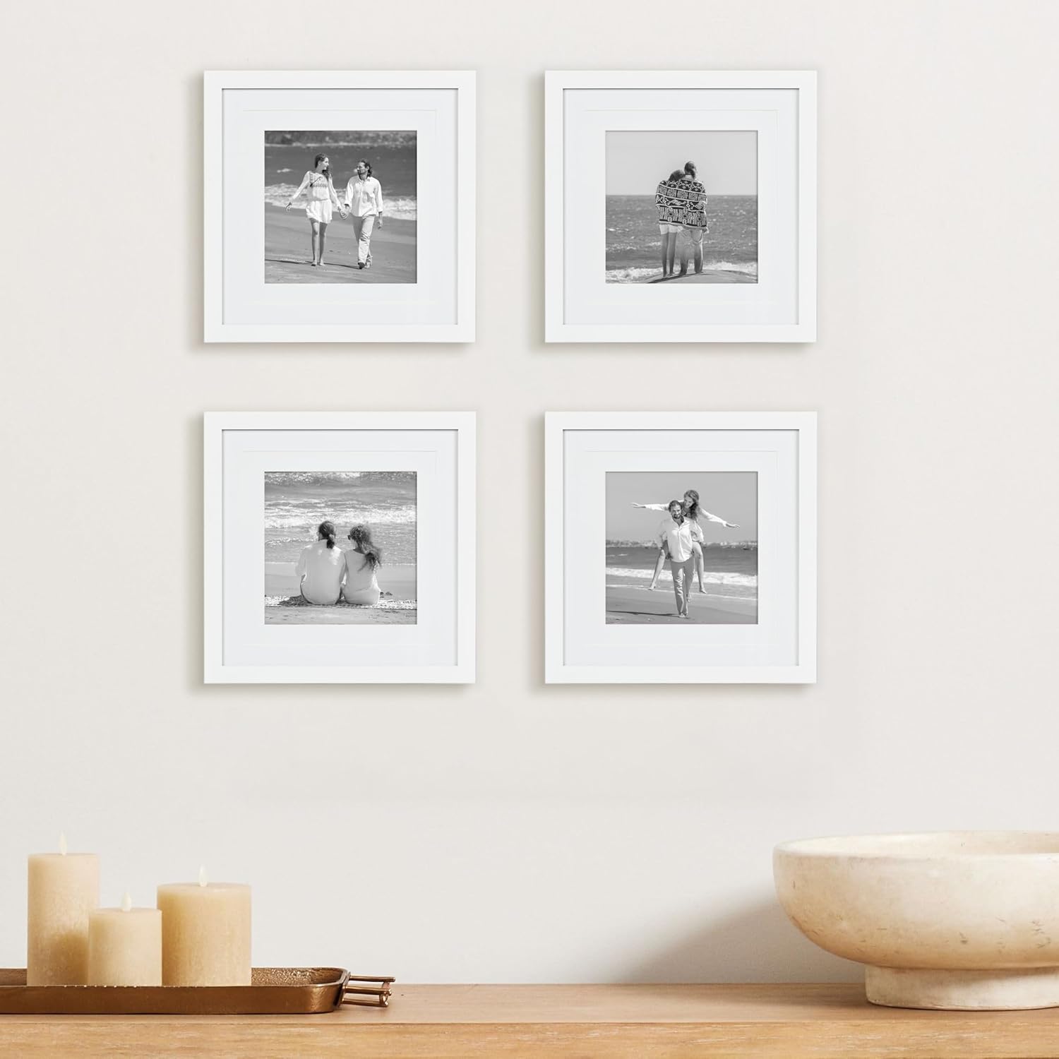 12x12 Wooden Picture Frame Set of 4 (with 10x10 8x8 Mat), Solid Wood with Real HD Glass, Wall Mount Display, Home Office Photo Frames Collage Wall Décor, White