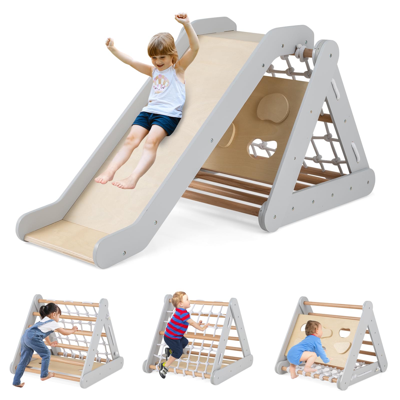 GOPLUS 3-in-1 Klimdriehoek Met Glijbaan - Houten Klimrek Voor Kinderen Vanaf 1 Jaar