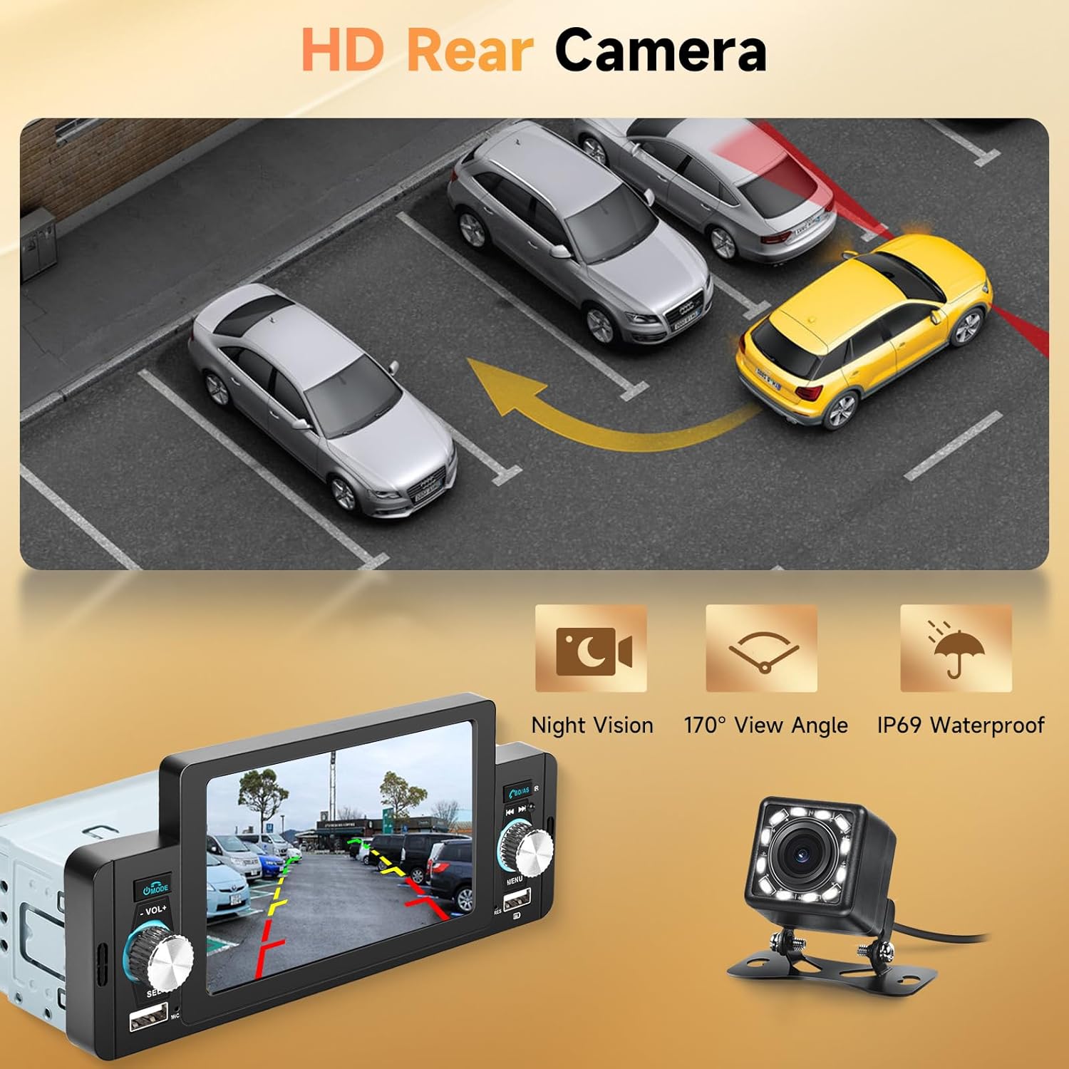 Image showing the car stereo displaying the view from the HD rear camera, with parking guidelines and features like night vision and 170° view angle.