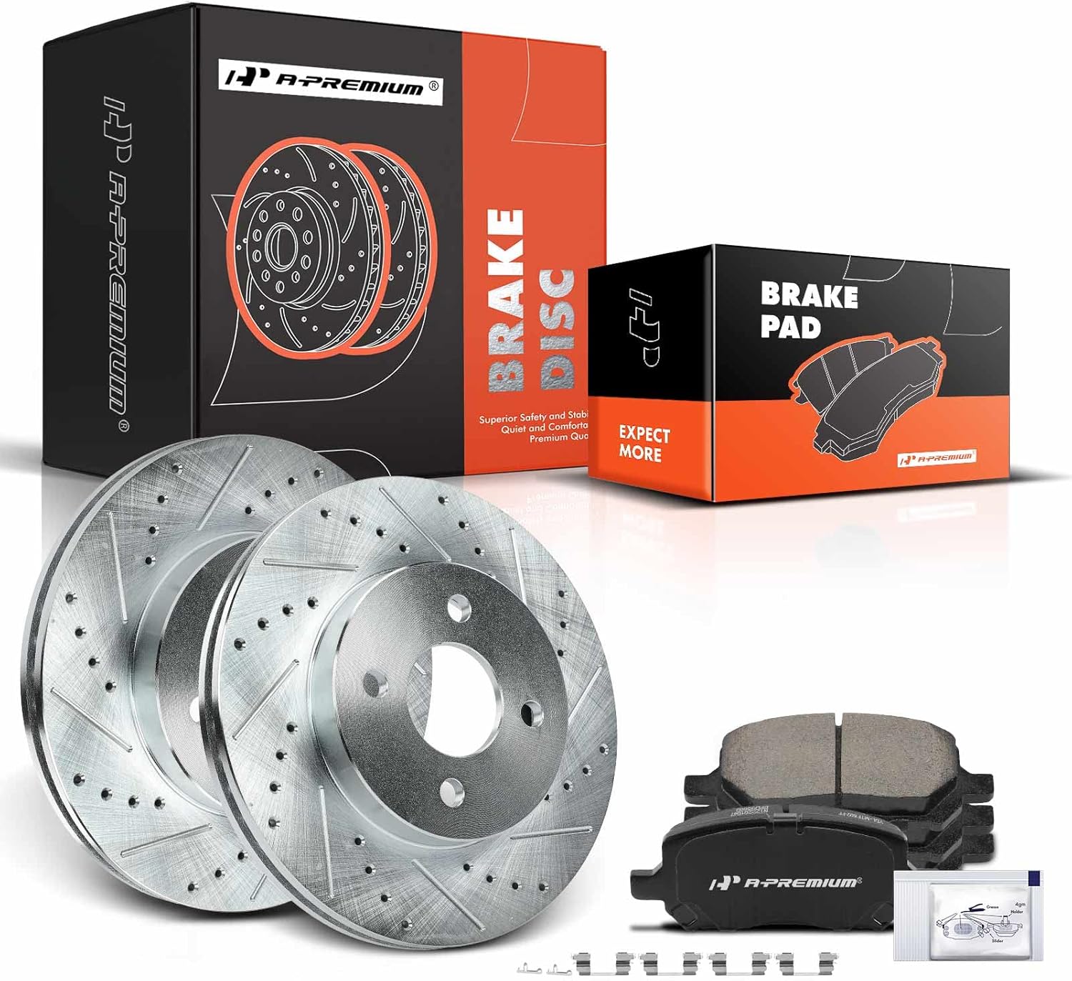 A-Premium 10.08 in (256mm) Front Drilled and Slotted Disc Brake Rotors + Ceramic Pads Kit Compatible with Chevy, Pontiac, Saturn Models - Cobalt 05-10, G5 07-10, Pursuit 05-06, Ion 03-07, fit 4-lug