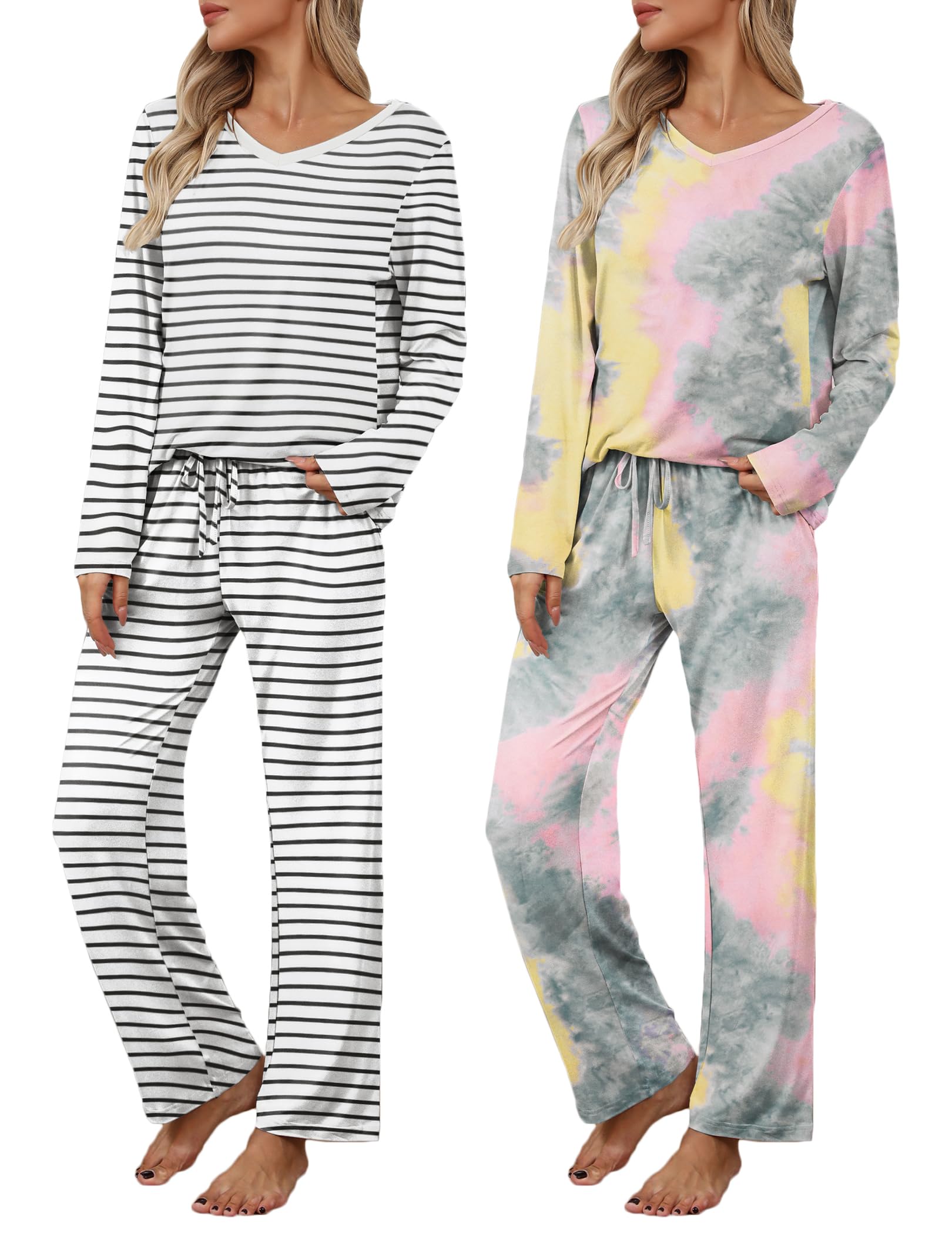Womens 2 Pack Pajama Set Long Sleeve Pajamas Top and Pants V Neck Pjs Set Soft Loungewear with Pockets