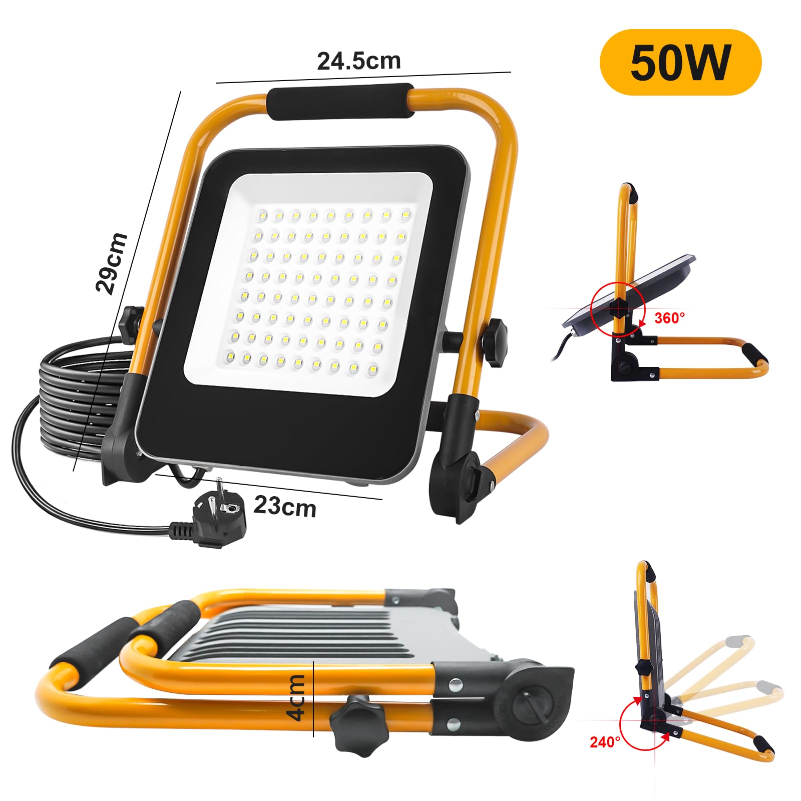 50W Foco de Trabajo LED, Luz de Trabajo superbrillante con Enchufe Europeo, Proyector Portátil para Obra de 6000K con Cable de 2m, Focos LED de construcción para taller, garaje y jardín