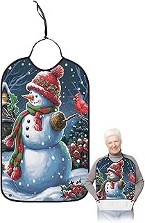 Kewadony Adult Bibs for Elderly Women - Christmas Waterproof Dining Clothing Protectors with Crumb Catcher for Eating/Feeding, Xmas Snowman Red Bird Berry Farmhouse Winter Terry Cloth Bib Washable