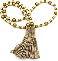 Vista 16 de CVHOMEDECO. Guirnalda de cuentas de madera con borlas estilo granja rústica, cuentas de oración de madera para colgar en la pared, acento para Gris