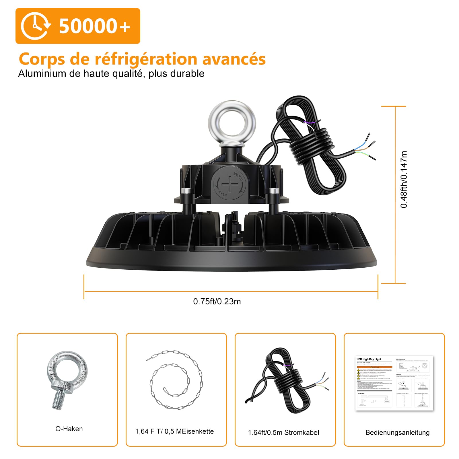 UFO 150W Projecteur LED Garage Atelier 22500LM Éclairage pour Atelier 4000K 120°Éclairage IP65 Lampe Industrielle Dimmable 90W/120W/150W Usines Entrepôts de Construction Garages Stades