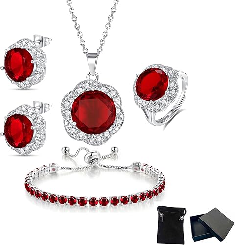 Miniatura 7 de Juego de 4 piezas de collar con dije de flor de circonita de gran tamaño, aretes y anillos, juego de pulseras de tenis de cristal plateado, joyería