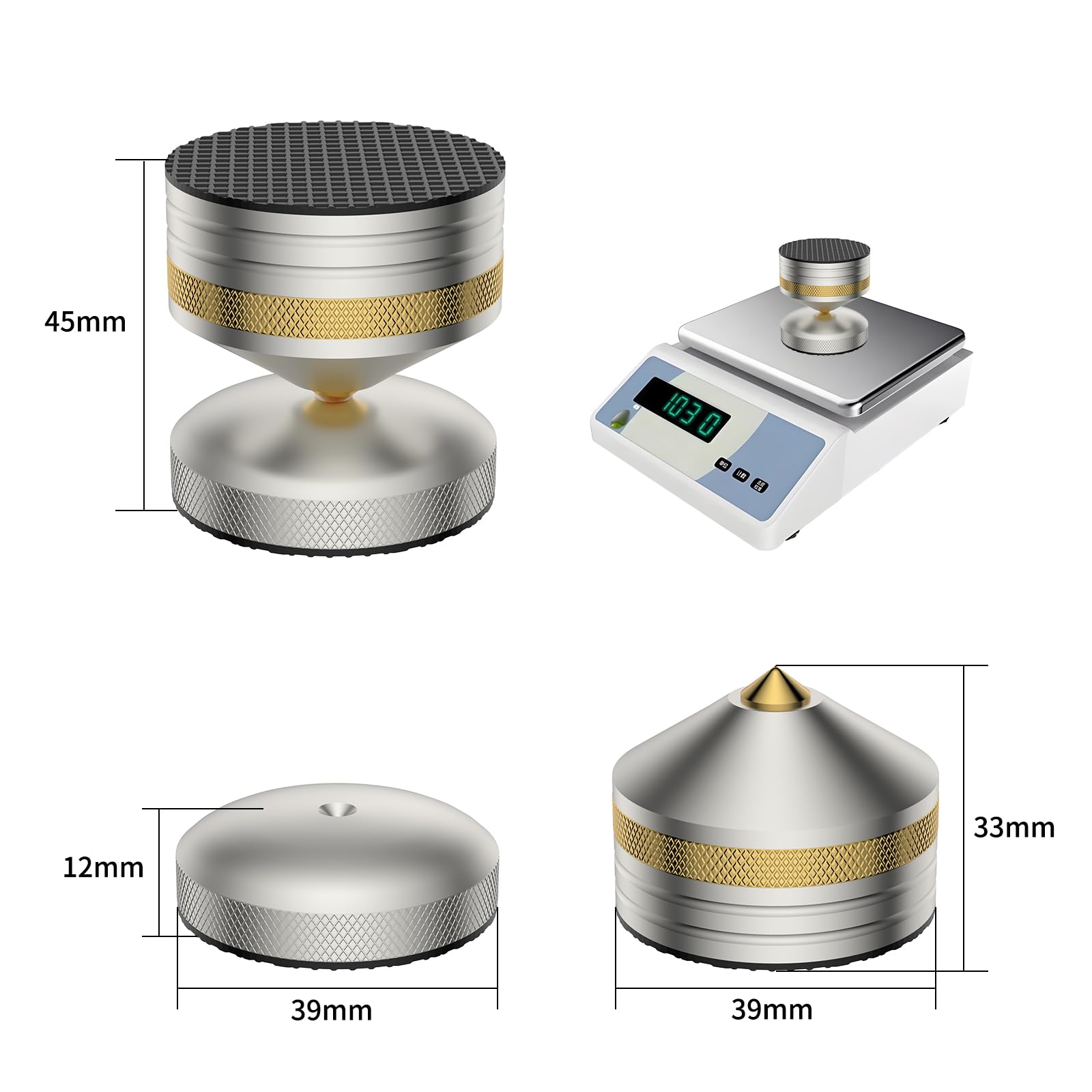 Tertullus 4 punte per altoparlante HiFi 39 x 33 mm, cuscinetti isolanti in alluminio, ammortizzatore, regolabile in altezza, per amplificatori, giradischi, dispositivi DAC – argento
