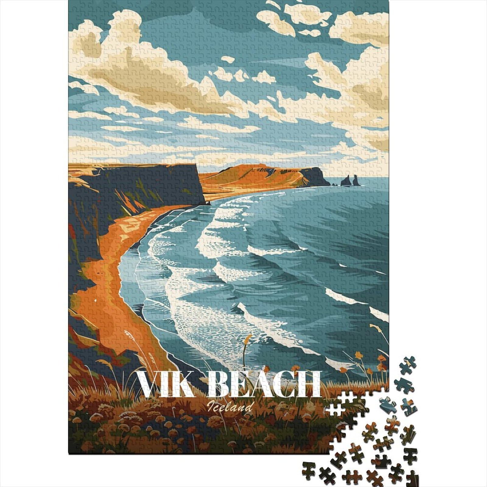 Vik Beach Iceland Travel Poster 1000 Piece Jigsaw Puzzle, Vintage Architecture Destination, Matte Printed Jigsaw for Adults, Family Night Game, Screen-Free Fun, 70x50cm/1000pcs