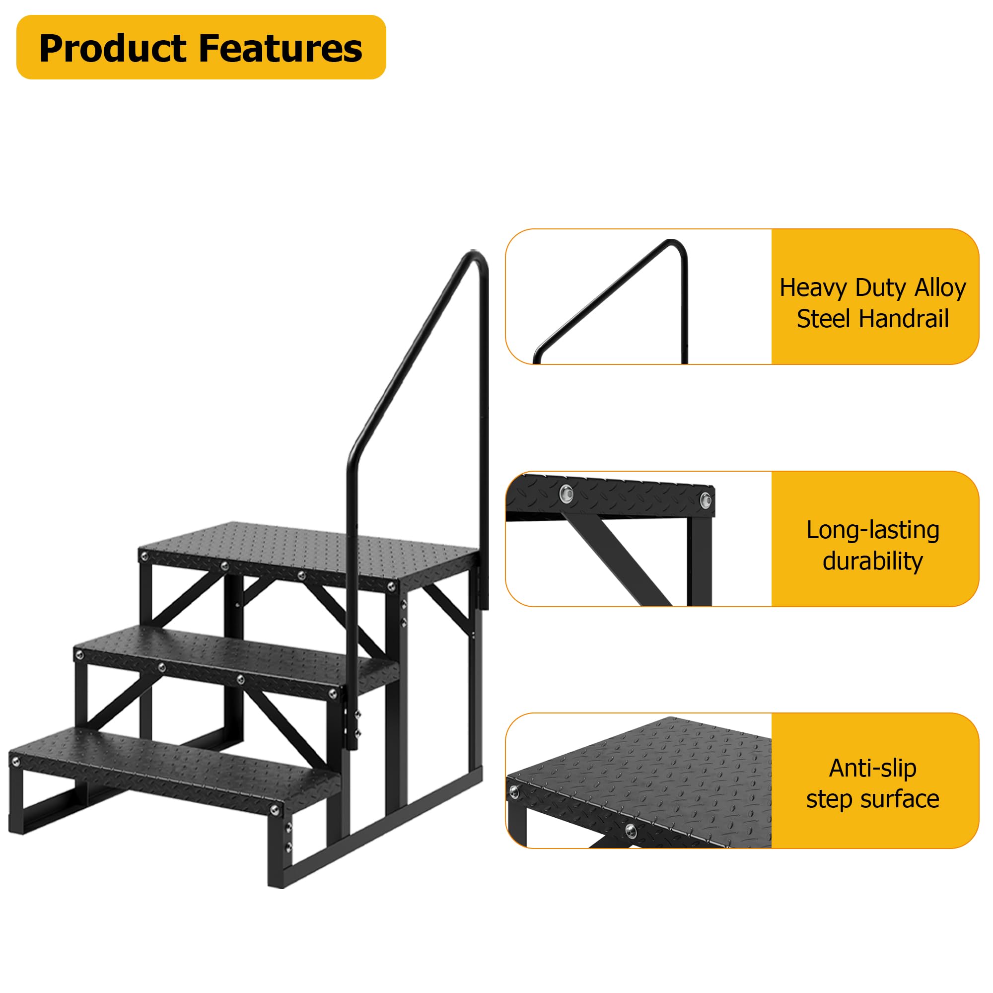 Garvee Escalier externeérieur antidérapant 3 marches pour Camping-Car – Capacité 300 kg, Portable, Acier allié, sécurité Accrue – Marchepied Robuste avec Rampe – Simple Main Courante | 3 marches