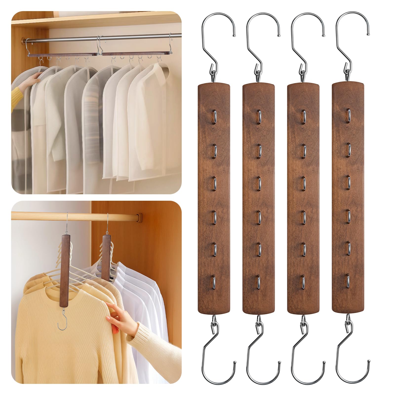 M.J COMFY-LIFE 4 Pack Space Saving Hangers with 360° Swivel Hook 6-Tier clothes Organiser (Hangers Not Included) (Brown)