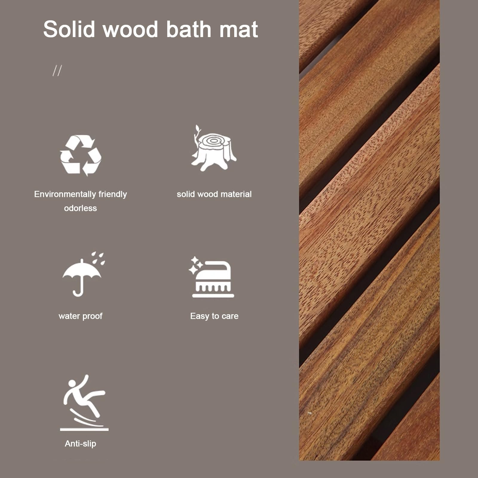 Schnell Trocknende Bambus Badematte,Rutschfeste Rechteckige Spa Holz Badvorleger Badematte,Wasserdichte Duschmatte,Robuste Holzbodenmatte,mit Matte und Griff,für Drinnen Draußen (45x45cm/18x18in)