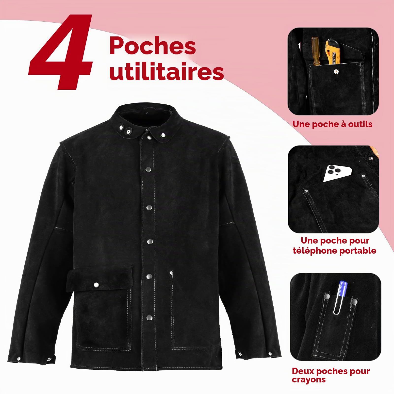 QeeLink Veste de soudage en cuir Veste de travail en cuir résistant à la chaleur et aux flammes, Vêtements de soudage pour soudeur, Noir